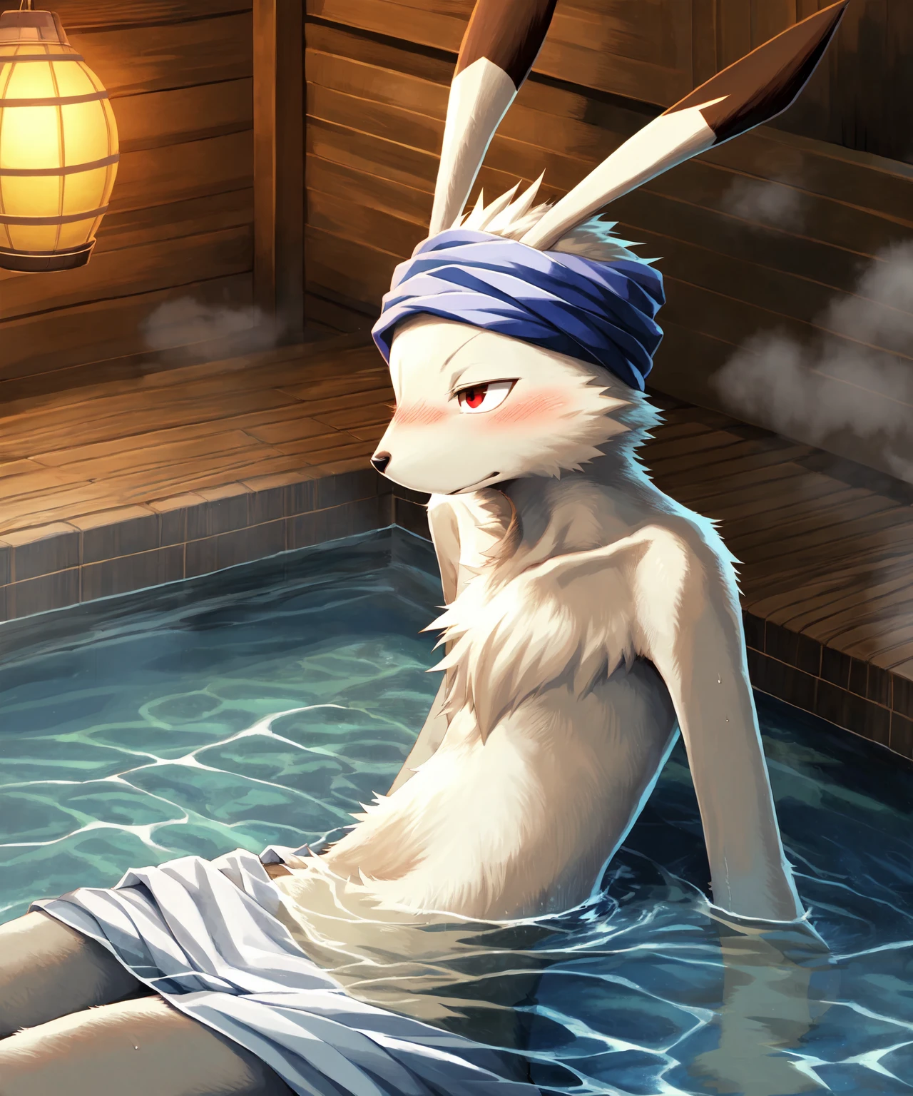 king kazma, relaxing in a onsen, satisfied, sleepy, partially submerged,towel on head, lagomorph,male, fur, detailed fur, solo, anthro, dipstick ears, anatomically correct, symmetrical, beautiful red eyes,buckteeth, blush lines, 4k, hi res, outdoors,onsen,water,steam,paper lantern, detailed background, realistic, photorealistic, photorealism,ultra realism shading, dimly lit, low light,cinematic lighting,natural lighting, backlighting, digital media (artwork),by katahane3,by yamatokuroko965,by inumania, (rembrandt:1.1025), by essence of rapture, by xnirox, by kurohane karasu,by furukara, by tenebscuro, by nurinaki, by falcrus, by zackary911,by blotch, <lora:kingkazma_YMv4:0.9>