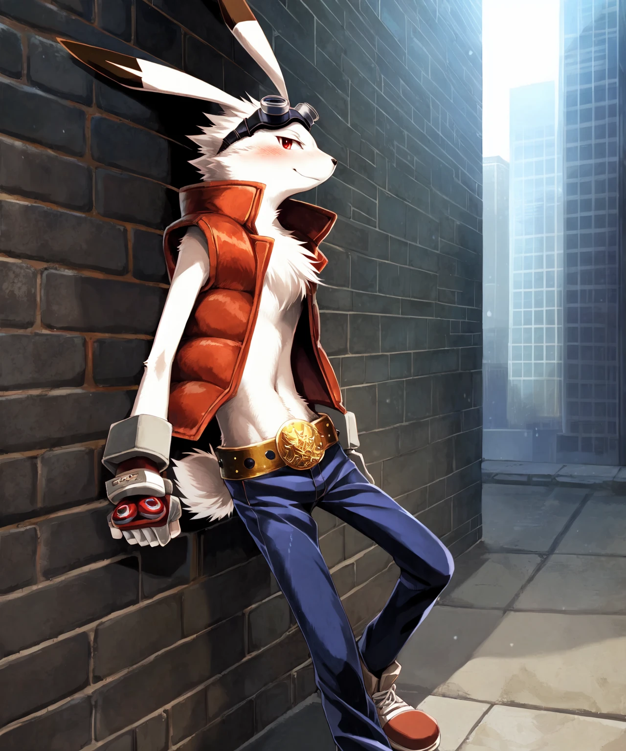 king kazma, standing, leaning against wall, naturally censored, smirk, blep, full body,ventral groove, navel, v-cut,soft abs,full body, shoes, footwear, lagomorph,male, fur, detailed fur, solo, anthro, dipstick ears,belt, clothed, looking at viewer, sharp eyes,anatomically correct, symmetrical, handwear, fingerless gloves, red down vest, pants, goggles, goggles on head,low riding, beautiful red eyes,buckteeth, blush lines, 4k, hi res, outdoors,building, wall, concrete, detailed background, realistic, photorealistic, photorealism,ultra realism shading, dimly lit, low light,cinematic lighting,natural lighting, backlighting, digital media (artwork),by katahane3,by yamatokuroko965,by inumania, (rembrandt:1.1025), by essence of rapture, by xnirox, by kurohane karasu,by furukara, by tenebscuro, by nurinaki, by falcrus, by zackary911,by blotch, <lora:kingkazma_YMv4:1>