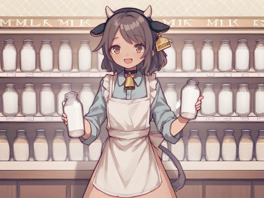 <lora:Neoki-PonyXL-1024px:0.8>
score_5_up,  score_6_up,
1girl, solo, standing behind counter,  wearing (collared shirt, white apron, bell choker), cow ears, cow horns, smile, open mouth, shop background, milk bottles