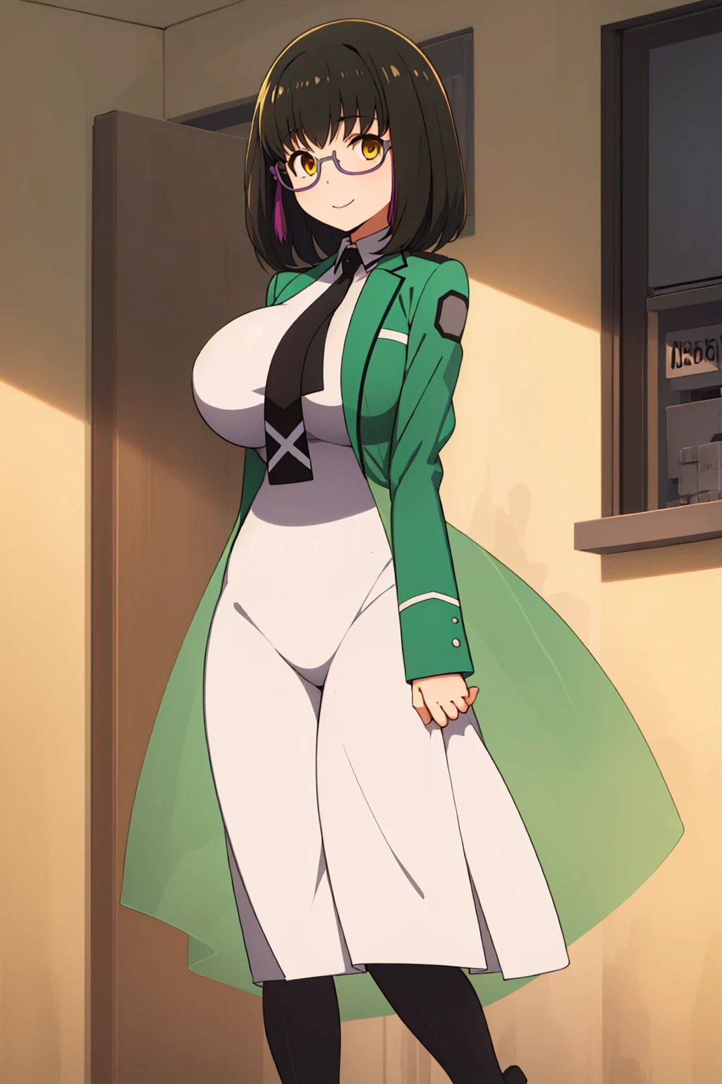 {{masterpiece}},{{best quality}},{{high resolution}},{{caustics}},{{detailed}},
mituki_shibata,black_hair,golden_eyes,large_brest,glasses, medium hair,under-rim eyewear, semi-rimless eyewear,bangs,smile,
mahouka_uniform,first high school uniform,school uniform, necktie, black necktie, pantyhose, dress, white dress, green jacket, breasts, boots, black footwear,jacket,See-through,black_necktie,green_jacket,white_long_skirt, <lora:mituki_shibataV1:0.7>,