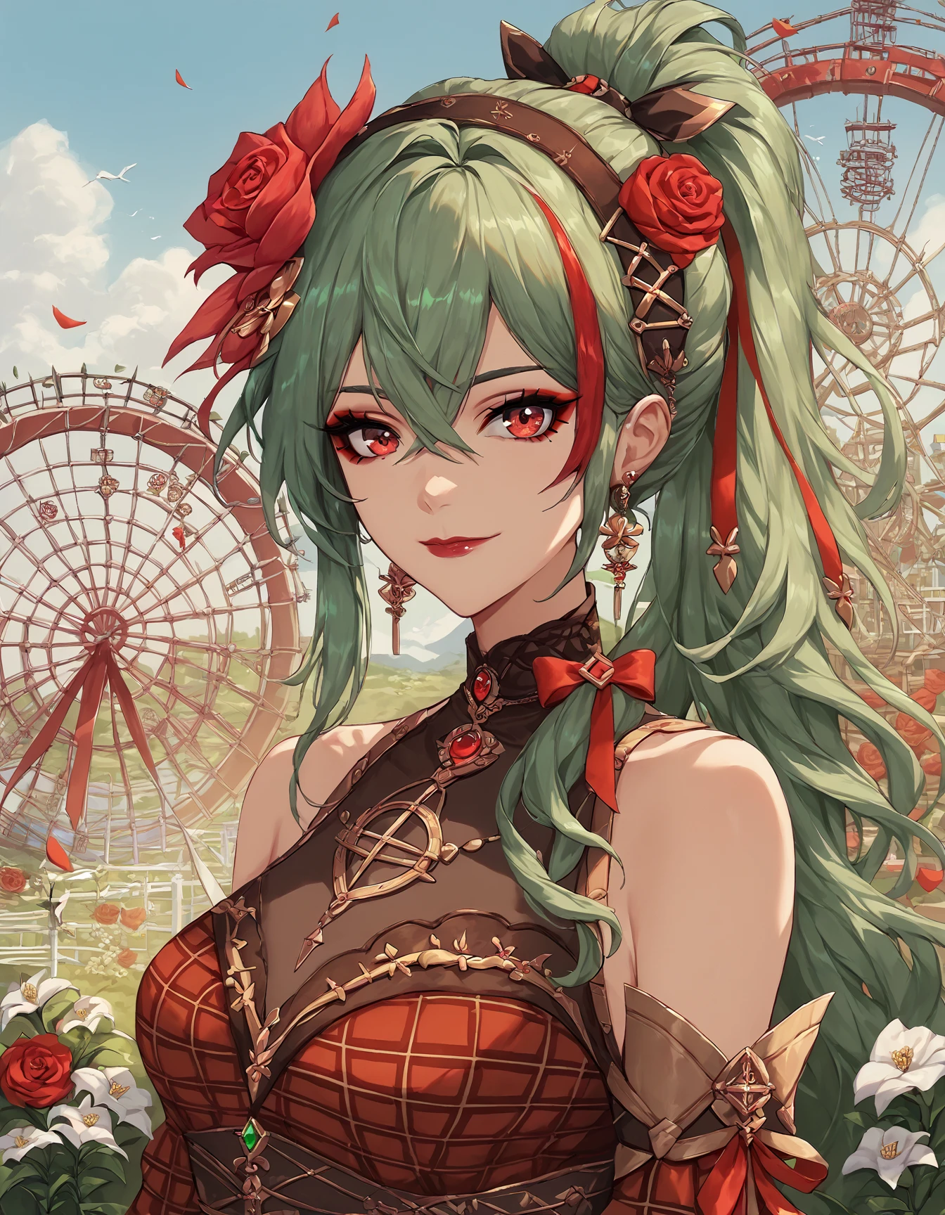 score_9, score_8_up, score_7_up, score_6_up, score_5_up, score_4_up, 1girl, solo, long hair, looking at viewer, hair ornament, red eyes, dress, ribbon, hair between eyes, bare shoulders, jewelry, closed mouth, smile, makeup, lipstick, eyeliner, hair ribbon, upper body, ponytail, flower, sidelocks, hairband, earrings, detached sleeves, green hair, red hair, multicolored hair, hair flower,  red plaid dress, plaid ribbon, white flower, outdoors, celtic theme, roses, ferris wheel, farmland, red flower, crossed bangs