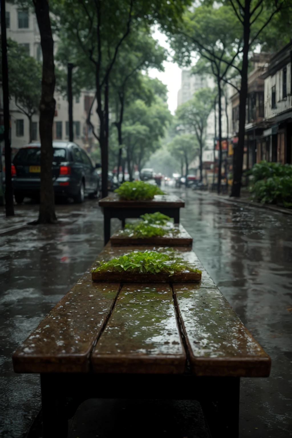 <lora:t1hal:1> street with benchs and vegetation in the style of t1hal