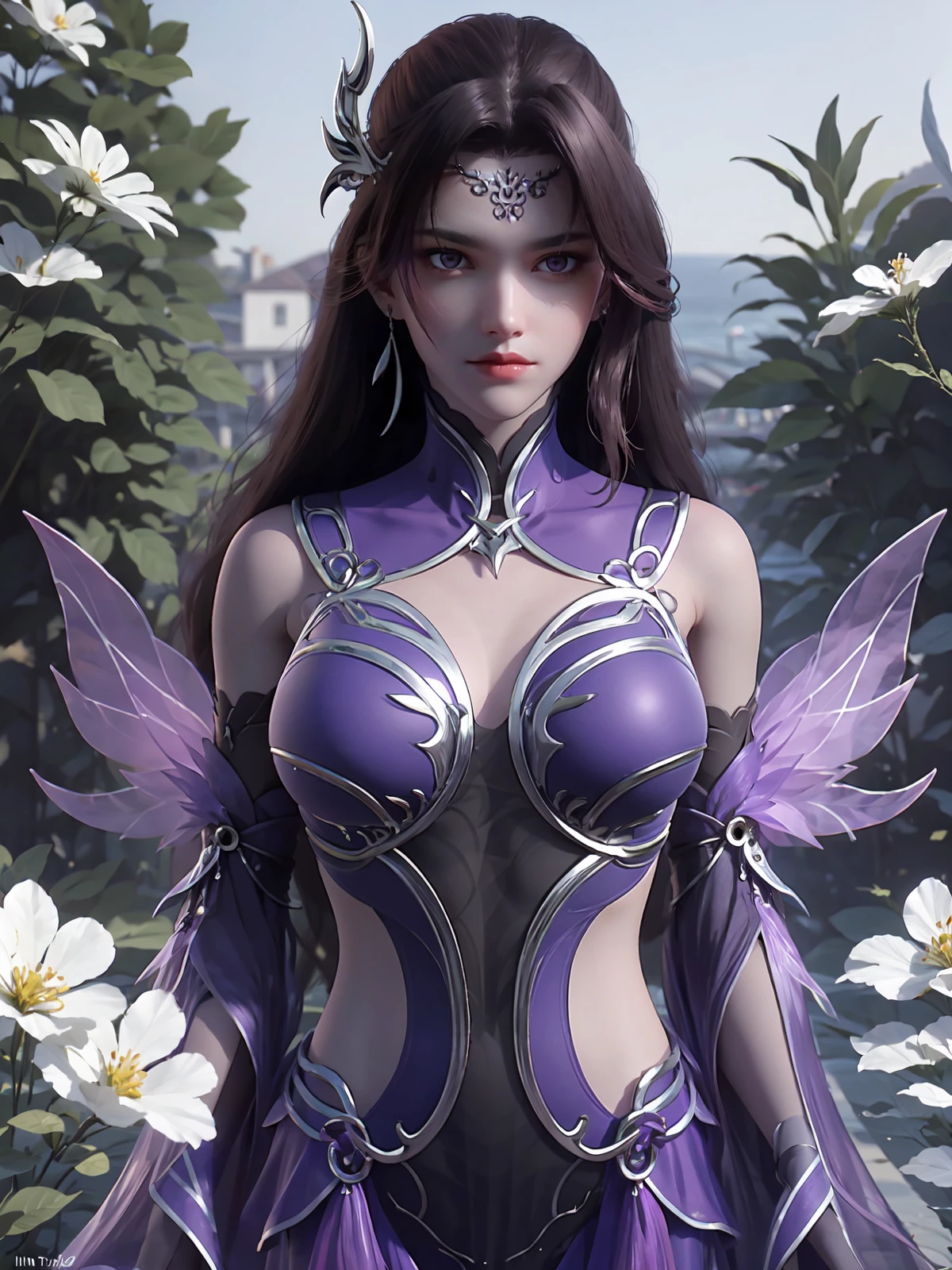 Magical World, full-body CG, barefoot standing, beauty (perfect female figure, pretty face, long dark hair, jewel decoration), smooth forehead, realistic, thigh details, super realistic, super detail, (full body), 8k, (original image), CG, purple skin