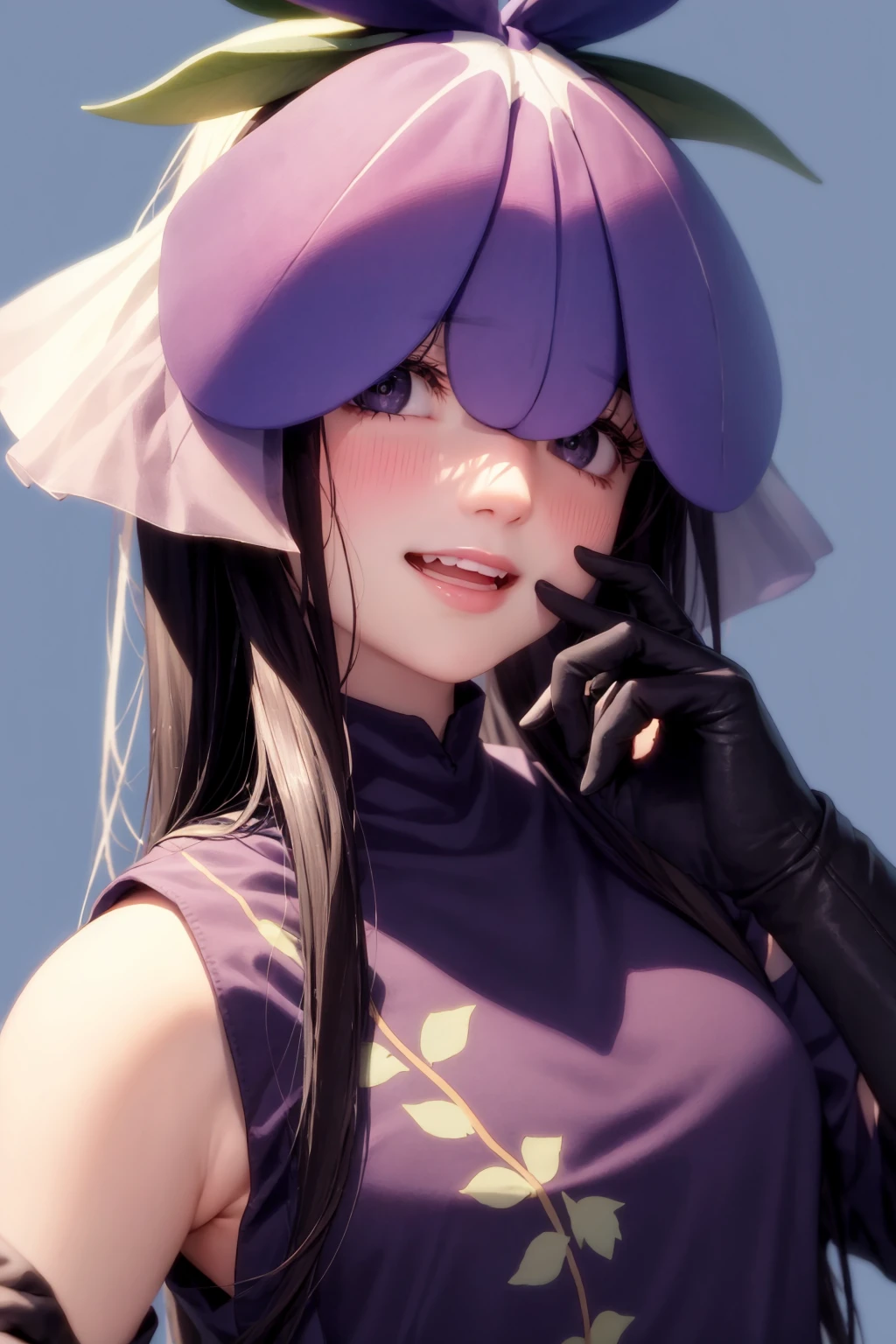 masterpiece, best quality, <lora:YomotsuHisami:1>,
long hair, black hair, gloves, smile, flower, 1girl, blue background, blush, black gloves, hand on another's face, teeth, simple background, solo focus, purple flower, looking at viewer, upper body, open mouth, 1boy, long sleeves