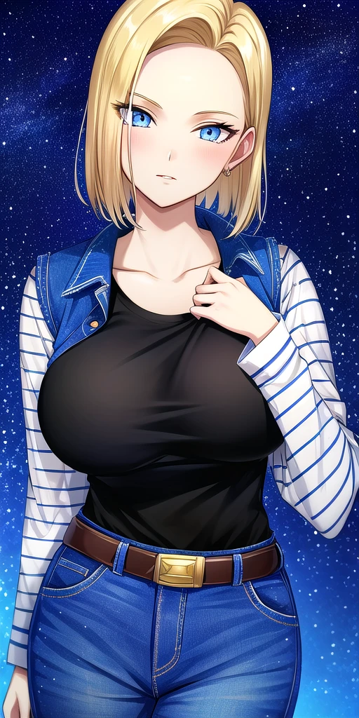 <lora:Lazuli18gouV2:0.7> lazuli18gou, huge_breasts, standing, solo, Black_shirt_striped_sleeves_long_sleeves_Denim_skirt_miniskirt_Belt,denim_vest, starry_sky,, masterpiece, best_quality, detailed_face, detailed_eyes, highres, beautiful, detailed, absurdres,