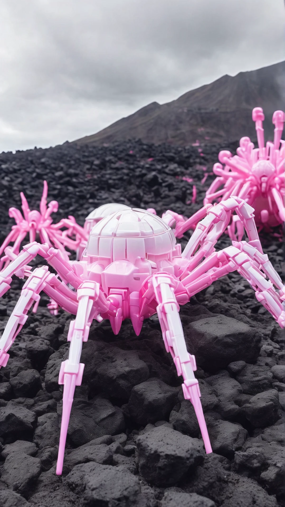 Cinematic photo of <lora:BarbieCoreXL:1> BarbieCore giant mechanical spiders crawling from a volcano in a horror sci-fi movie, pink and white plastic (toy:0.4) in location: giant's causeway