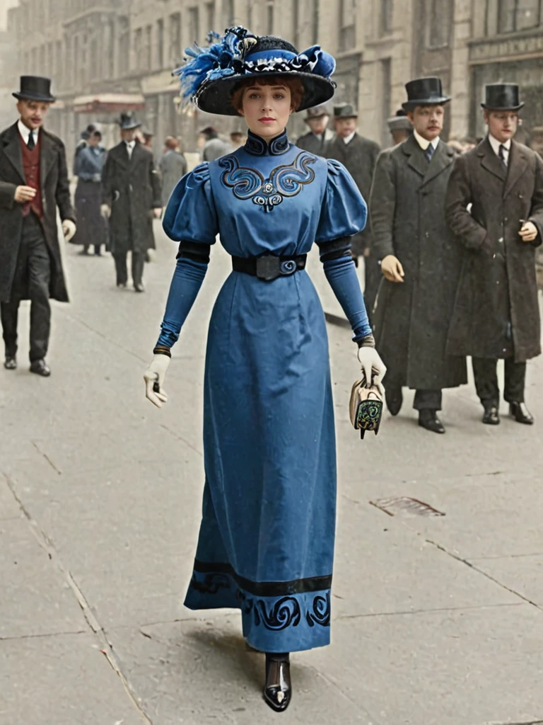 sharp, uhd, absurdres, woman wearing dress with a blue seal design and hat walking in the sidewalk <lora:Belle_Epoque_Dresses_1880-1914_XL:1> 1910_dr3ss