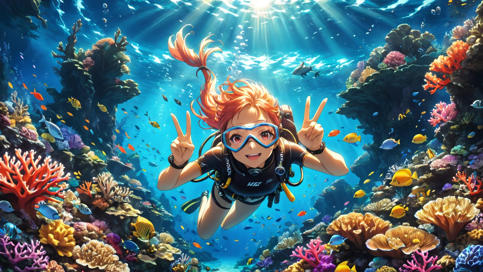 anime artwork letitflrsh, masterpiece, best quality, medium portrait of happy 1girl scuba diving in a tropical paradise, goggles, throwing up a peace sign, happy aquatic life, underwater flowers, very detailed, insane quality, intricate coral reef, cinematic light, highly detail, beautiful, surreal, dramatic, fantasy oceanic scenes, <lora:- SDXL - letitflrsh_let_it_flourish_V1.0:0.7> . anime style, key visual, vibrant, studio anime, highly detailed