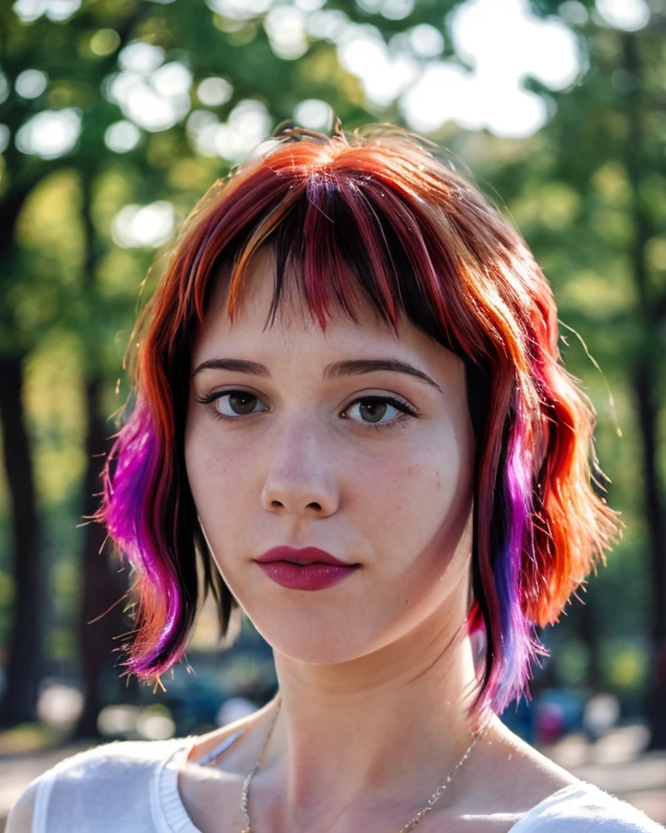 a picture of m4ryeliz2, colorful hair, realistic, photorealistic, detailed skin, surface scattering, bokeh, skin pores, trees background,wearing a white shirt,park, <lora:m4ryeliz2:1>looking at viewer, epiCPhoto