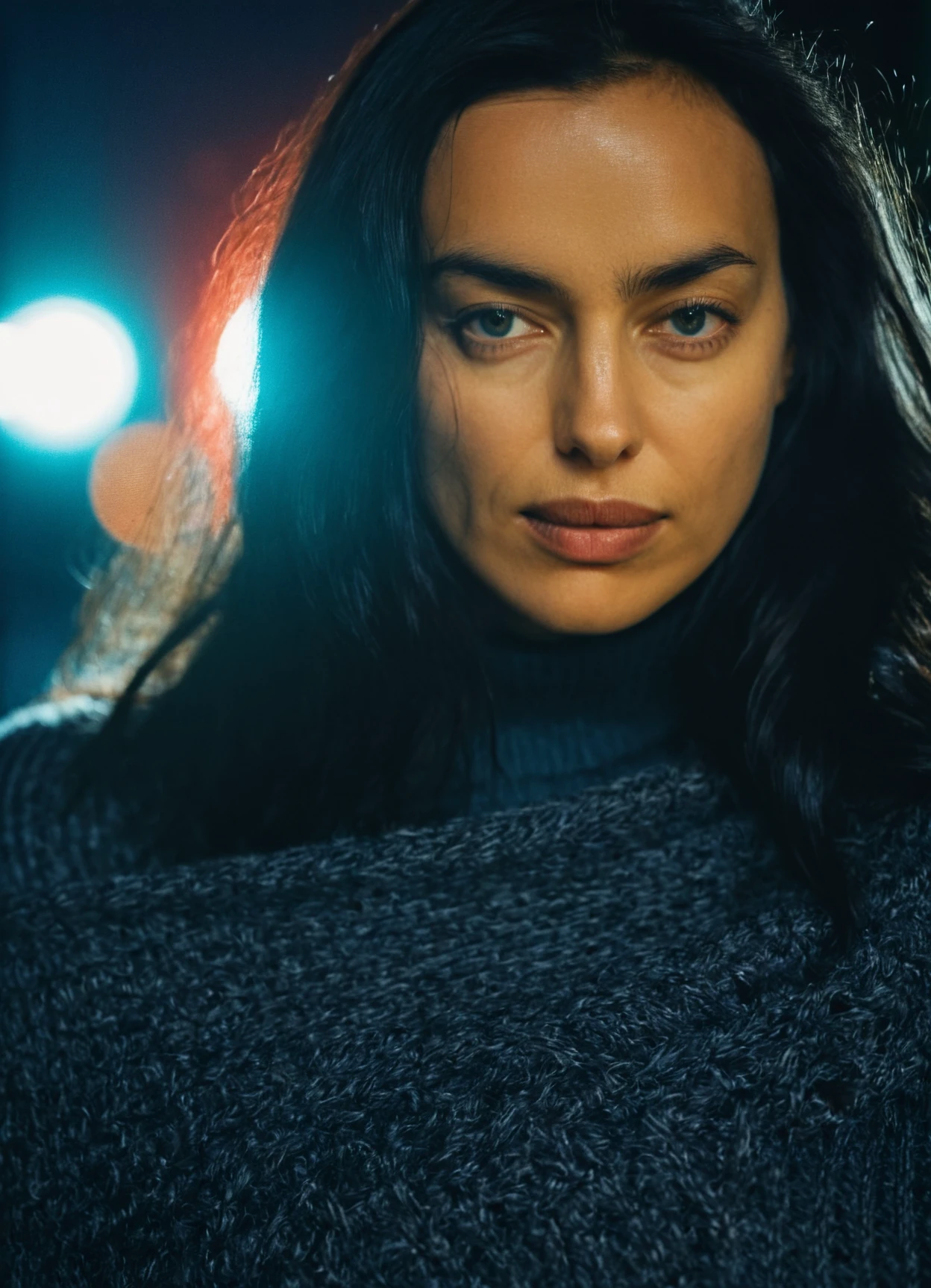 ir1na woman,high resolution photo,close-up,long black hair ,looking at camera,kodachrome,F/1.8,volumetric lighting,wearing sweater,highly detailed skin,pores,night