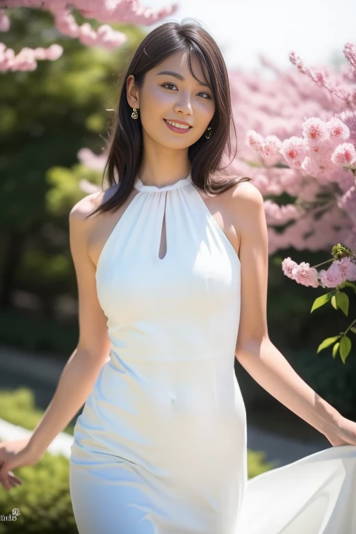 1girl,(RAW photo, best quality), (realistic, photo-realistic:1.4), masterpiece, an extremely delicate and beautiful, extremely detailed, 2k wallpaper, Amazing, finely detail, extremely detailed CG unity 8k wallpaper, ultra-detailed, highres, soft light, beautiful detailed girl, extremely detailed eyes and face, beautiful detailed nose, beautiful detailed eyes,cinematic lighting,perfect anatomy,slender body,
wearing a white halter neck dress,white skirt(bokeh)
at a flower park,sakura flowers,flower garden,smiling
<lora:niimiyuka_lora:0.8>