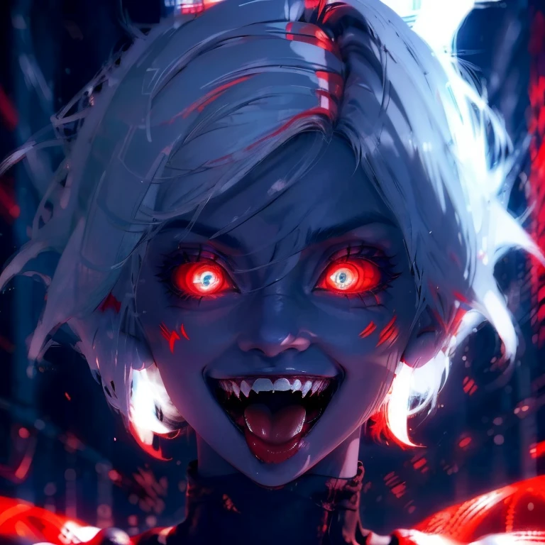 1girl,solo,looking at viewer,smile,short hair,open mouth,red eyes,1boy,hair between eyes,white hair,teeth,tongue,glowing,colored skin,fangs,portrait,glowing eyes,close-up,glowing eye,
<lora:DarkerLight2:1>,DarkerLight