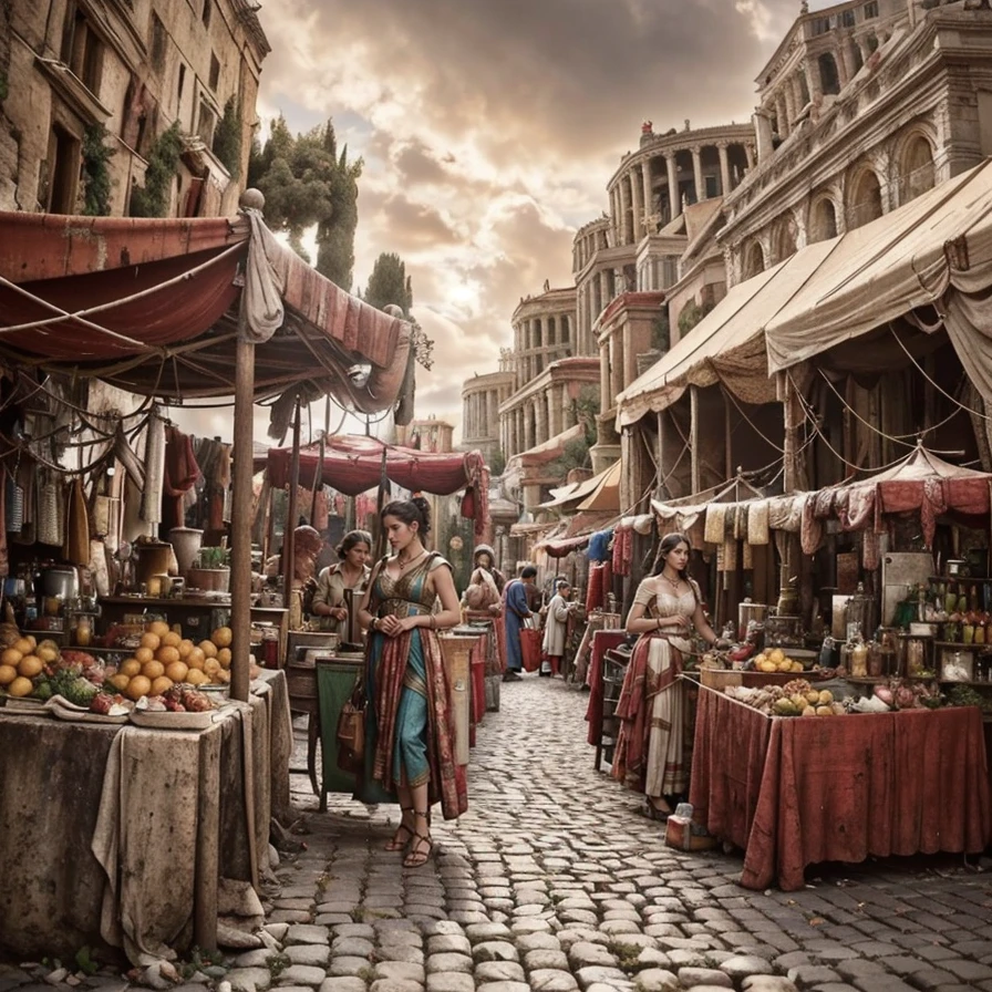 (masterpiece:1.2), (best quality,:1.2), 8k, HDR, ultra detailed, ((photorealistic)), professional light, cinematic lighting, fashion photography, ambient lighting, face lighting, <lora:detail_slider_v4:1>, Fantasy picture, a busy street with vendors in ancient rome, RomAr, <lora:RomanArchitecture-10:1>, epiCPhoto