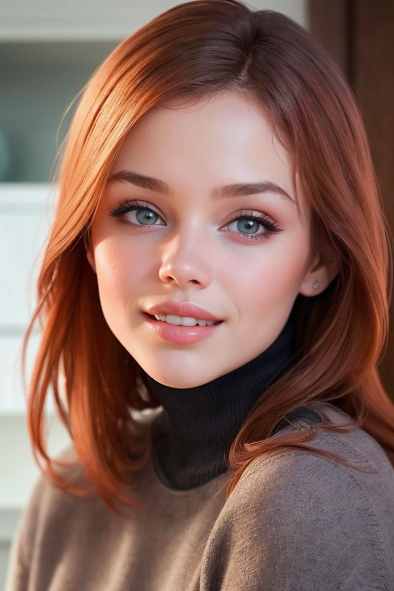 closeup headshot of S347_LanFairbain,an attractive woman,in front of a (cabinet:1.1),wearing a (sweater:1.1),(smiling),(4k, RAW photo, best quality, depth of field, ultra high res:1.1),(absurdres, intricate, photorealistic, masterpiece, ultra-detailed:1.1),
