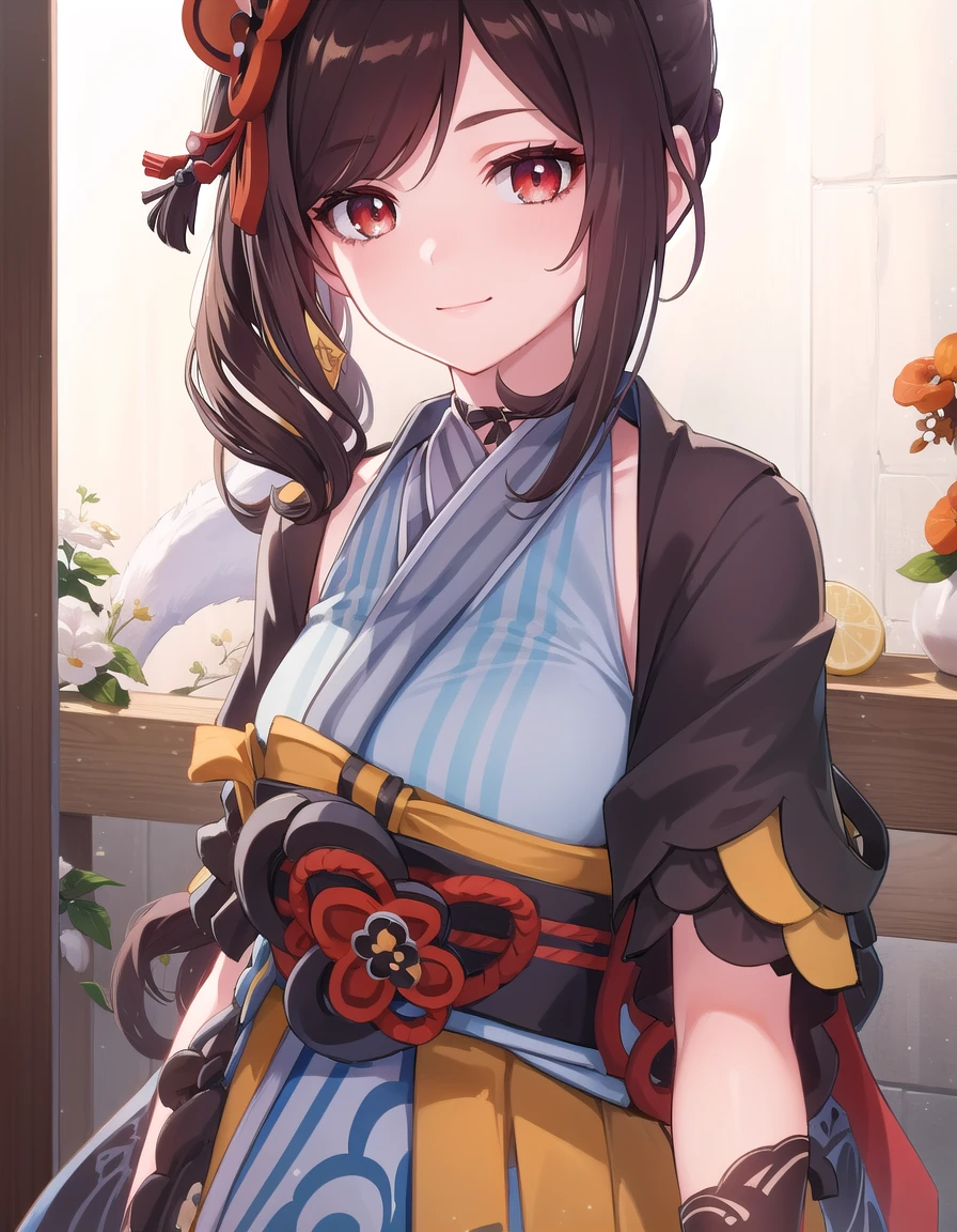 genshinchiori, <lora:genshin chiori ingamebooru-lora-nochekaiser:1>,
chiori, brown hair, hair ornament, (red eyes:1.3), flower, hair flower, smile,
BREAK gloves, japanese clothes, sash, obi,
BREAK outdoors,
BREAK looking at viewer, (cowboy shot:1.5),
BREAK <lyco:GoodHands-beta2:1>, (masterpiece:1.2), best quality, high resolution, unity 8k wallpaper, (illustration:0.8), (beautiful detailed eyes:1.6), extremely detailed face, perfect lighting, extremely detailed CG, (perfect hands, perfect anatomy),