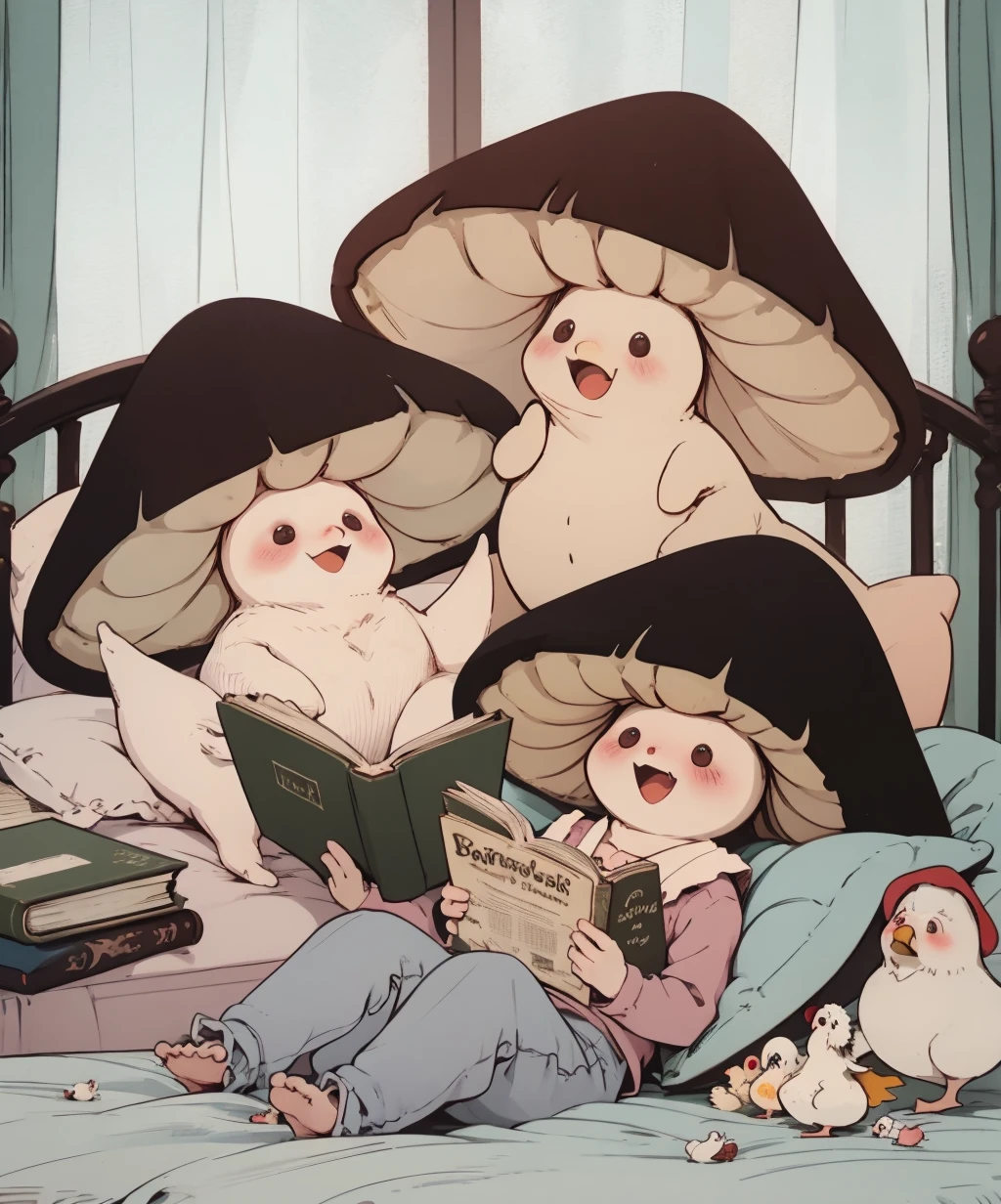 blush,smile,open mouth,holding,lying,on back,pillow,book,no humans,bed,bird,on bed,border,stuffed toy,stuffed animal,holding book,open book,reading,mushroom,chick,<lora:fairydrop_art-08:1>,