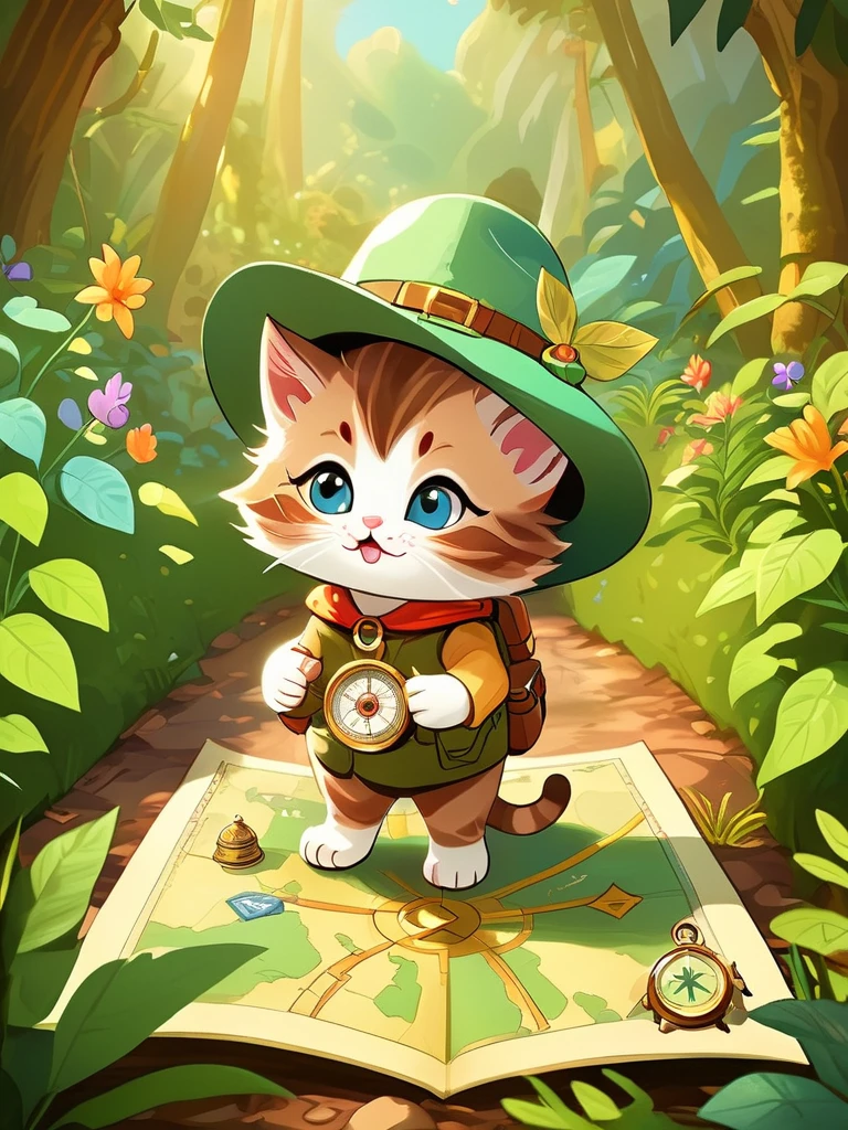 A whimsical drawing of a small, adventurous kitten wearing a tiny explorer's hat, navigating through a garden jungle, with a map and a compass in its paws, looking for hidden treasures.