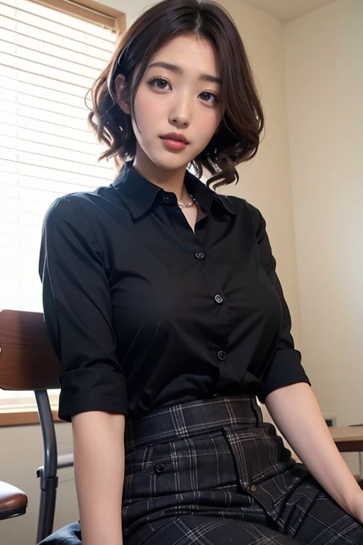 photo of <lora:miz_asahi_lora:0.9> posing,curvy hair,blush,1girl,solo,wearing button down collared shirt,wide leg black trousers,closeup,upper body,sitting on chair,masterpiece,sunny day,