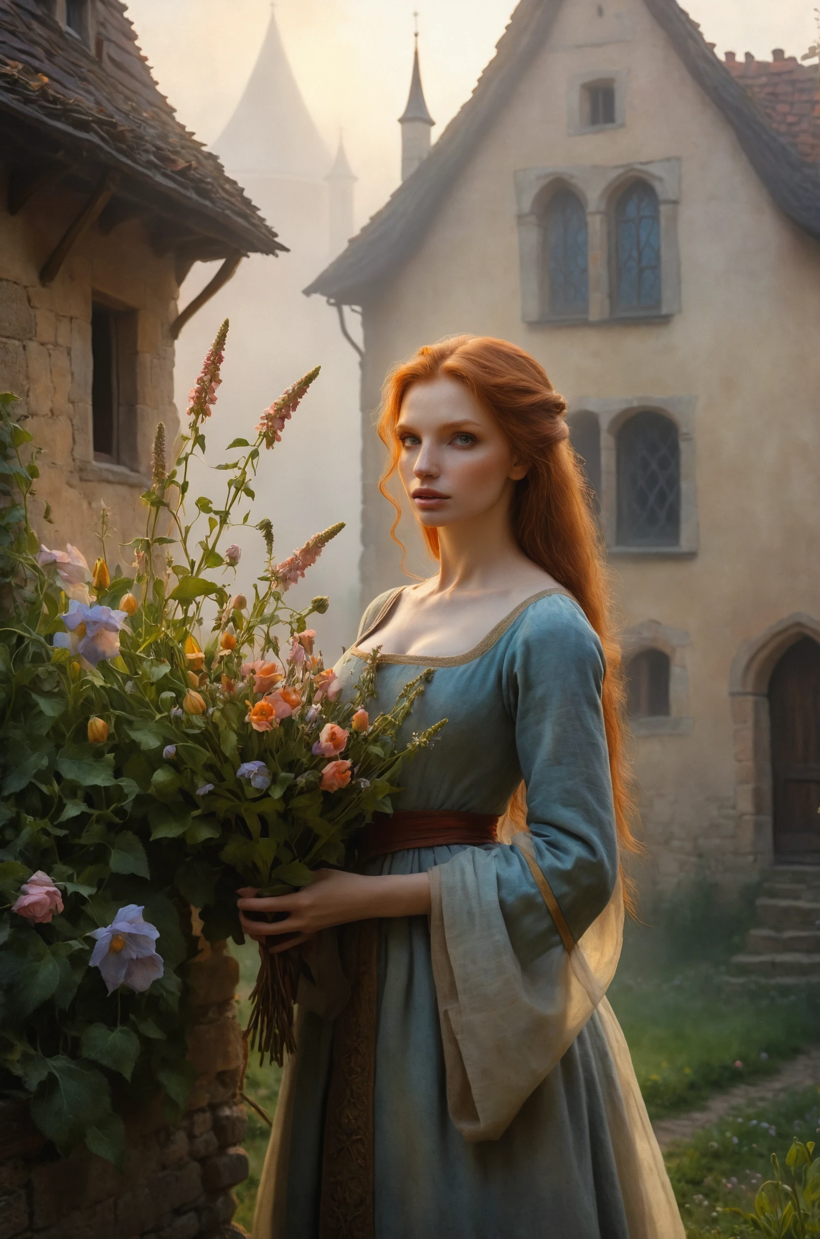 portrait of al1n3st3renk0 woman,flowers, in front of medieval house, back light, morning dawn, mystical dense fog, oil and watercolor painting, epic scene, haunting mist <lora:alinaXL_v1:1> al1n3st3renk0