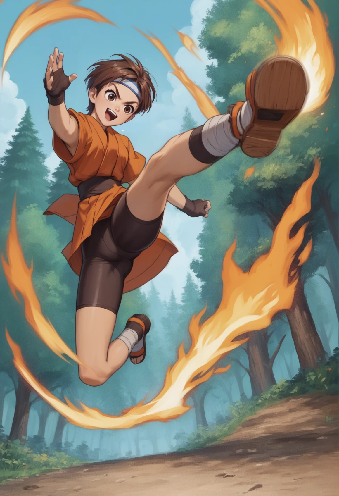 1girl, short hair, brown hair, brown eyes, smile, orange japanese clothes, short sleeves, bike shorts, armored legwar, fingerless gloves, flying kick, high kick, kicking, blue flames, fire, dragon, full body, outdoors, forest, cowboy shot  <lora:Wakaba XL:1> anime screencap, score_9, score_8_up, score_7_up, score_6_up, score_5_up, score_4_up, BREAK source_anime, masterpiece
