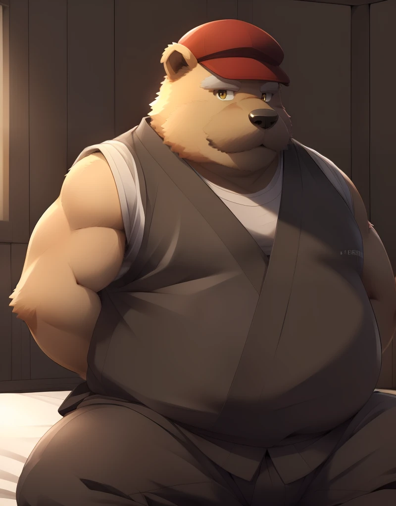 (((detailed eyes, detailed face))), (furry, gonzou <lora:character_gonzou_findigo_v2:1>, brown hair, facial hair, body fur, dog boy, snout, old man, yellow eyes), male, (solo), (plump, fat, chubby, overweight), (brown kimono, sleeveless, brown pants, brown hat), sitting, (arms behind back), smile, (front view) BREAK (konzaburou, ukan_muri, cute), bedroom, (flat shading, high brightness), 8k, UHD, masterpiece, (full body)