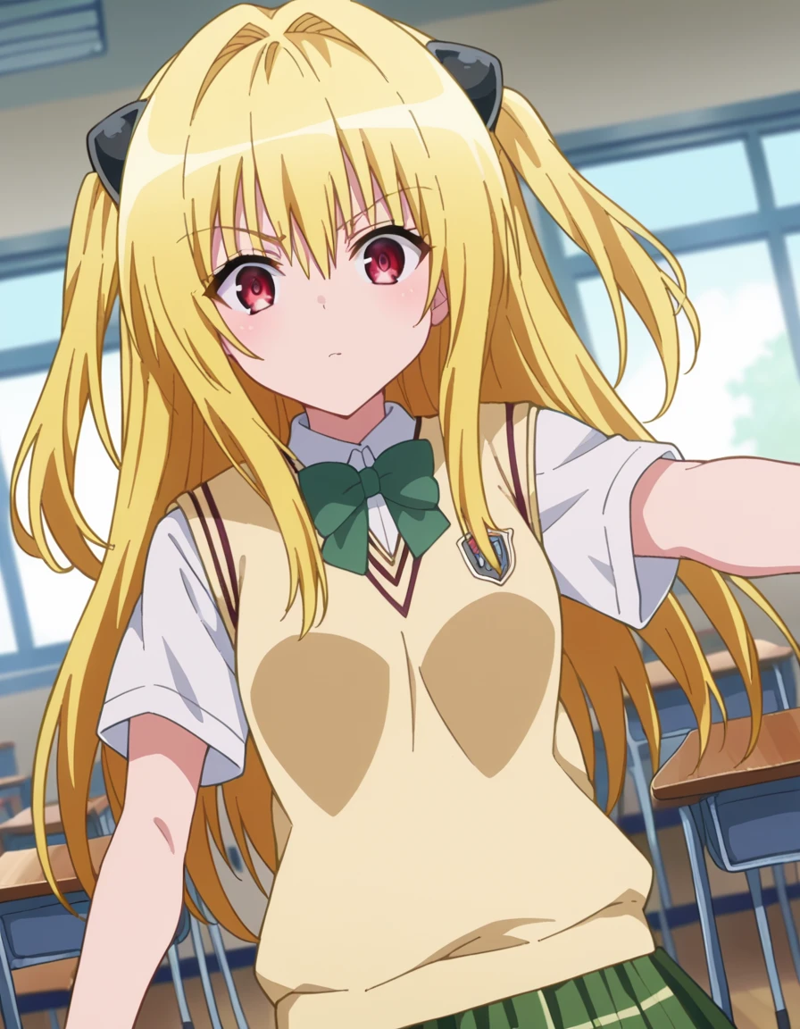 score_9, score_8_up, score_7_up, source_anime,
toloveruyami, <lora:golden-darkness-ponyxl-lora-nochekaiser:1>,
yami, yellow hair, long hair, red eyes, hair ornament, two side up,
school uniform, shirt, white shirt, bow, green bow, skirt, green skirt, pleated skirt, short skirt, sweater, light brown sweater vest, short sleeves,
indoors, classroom,
looking at viewer, cowboy shot, dutch angle, dynamic pose,