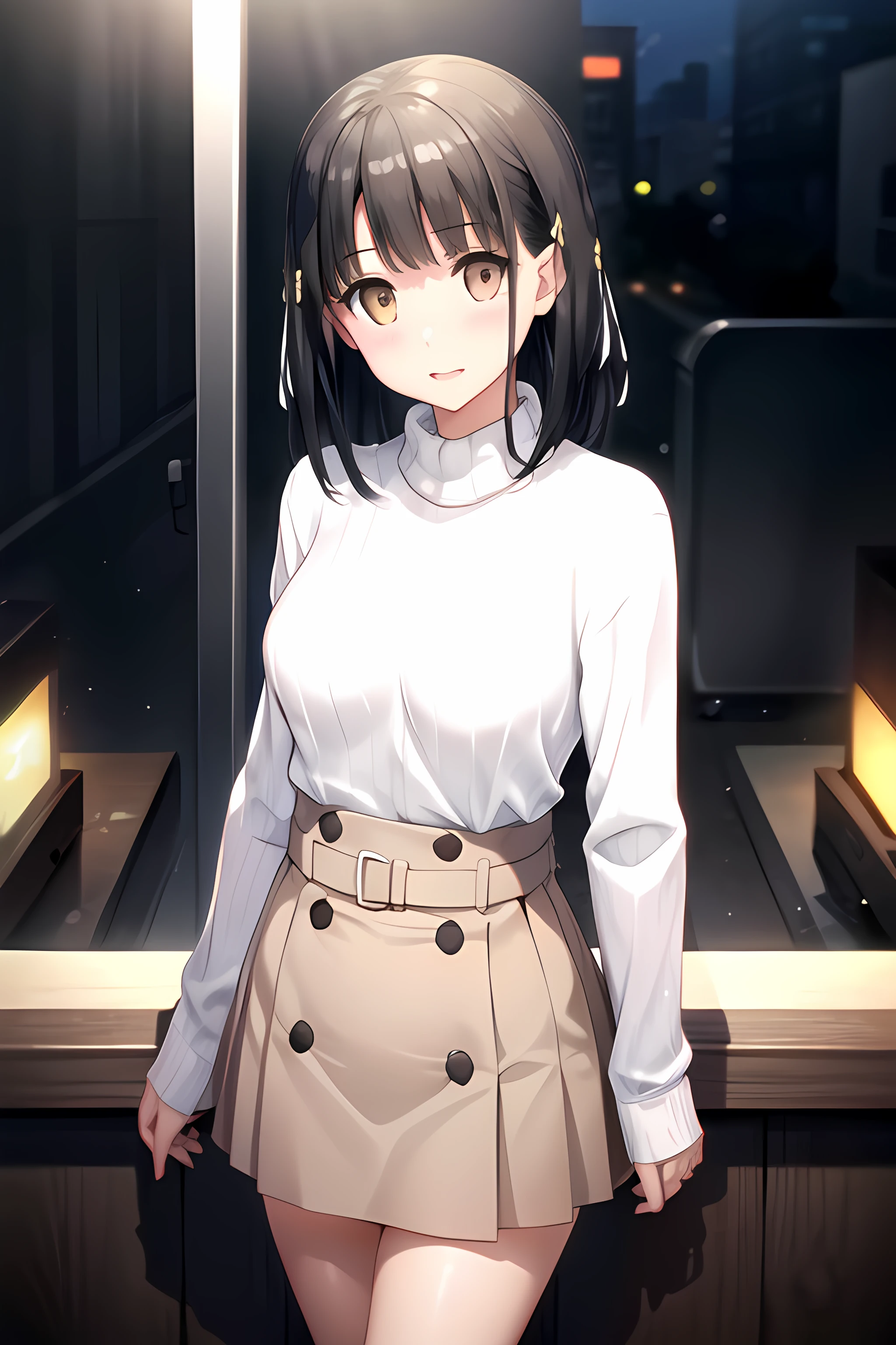 ((masterpiece, best quality)), 1girl,solo,standing, yui hanasaka \(casual\) \(one room\), bangs, belt, black_hair,close mouth, blush, breasts, brown_eyes, black_hair, cowboy_shot, eyebrows_visible_through_hair, hair_ornament, long_sleeves, looking_at_viewer,high waist skirt, ribbed_sweater, simple_background, skirt, sleeves_past_wrists, ssweater, turtleneck, turtleneck_sweater, white_background, white_sweater,,,,extremely detailed CG unity 8k wallpaper, perfect lighting,Colorful, Bright_Front_face_Lighting,White skin, (masterpiece:1.0),(best_quality:1.0), ultra high res,4K,ultra-detailed, photography, 8K, HDR, highres, absurdres:1.2, Kodak portra 400, film grain, blurry background, bokeh:1.2, lens flare, vibrant_color,professional photograph,bow breasts, (beautiful_face:1),(detailed eyes),(narrow_waist),(Beautiful medium breasts),Beautiful Finger,Beautiful long legs,Beautiful body,Beautiful Nose,Beautiful character design, perfect face,perfect balance,(2d)