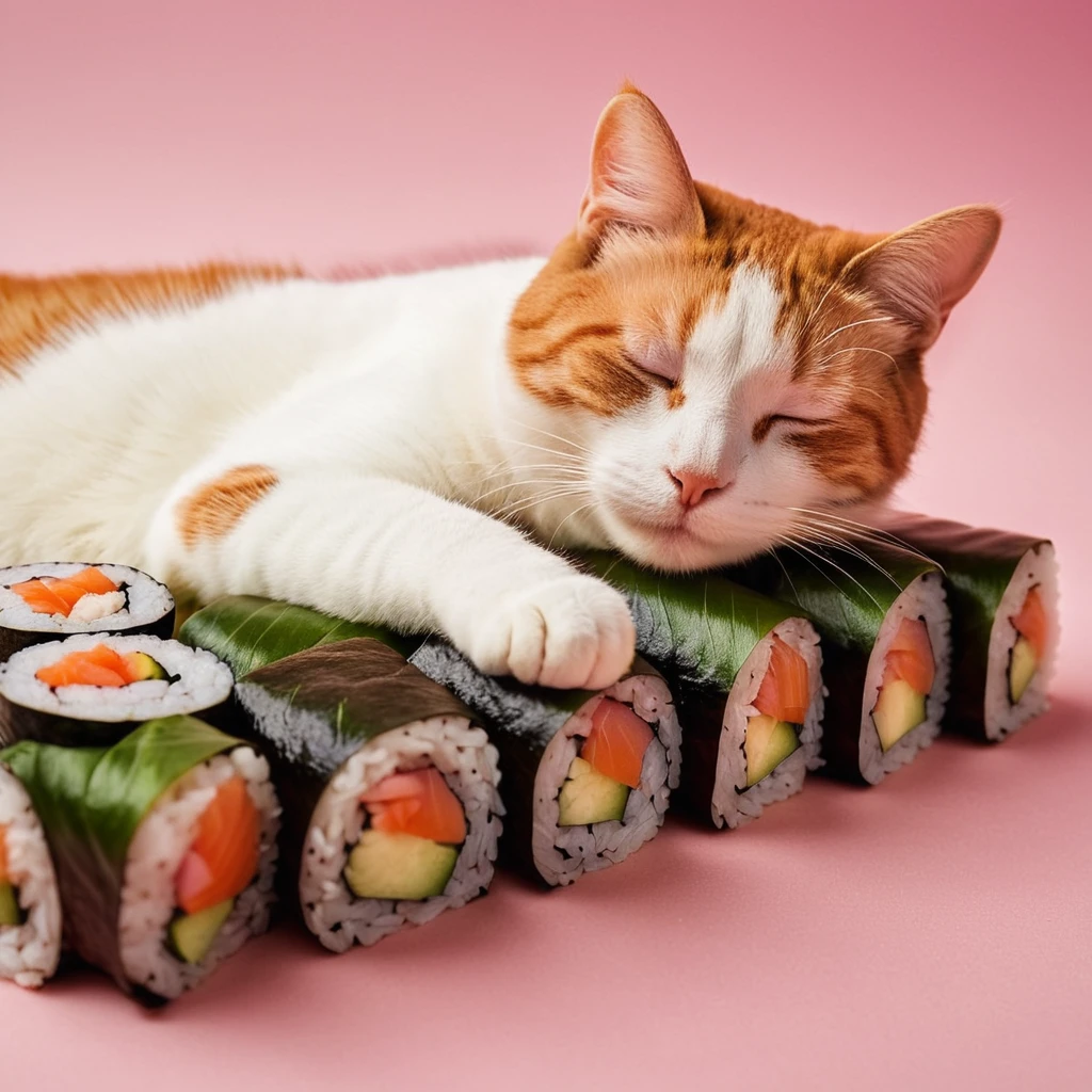 cinematic film still of <lora:Juxtaposition style:1>
Juxtaposition of a cat is sleeping on a sushi roll,simple background,closed eyes,lying,food,no humans,animal,cat,pink background,sleeping,realistic,animal focus,food focus,sushi,makizushi Juxtaposition, artistic, photography, dramatic light, dramatic shadow light, contrast, saturated color, cinematic, filmic, photographic, realistic, realism, perfection, perfect, Juxtaposed, opposite, different things, side by side, syncretism, antithesis, Juxtaposition style, shallow depth of field, vignette, highly detailed, high budget, bokeh, cinemascope, moody, epic, gorgeous, film grain, grainy