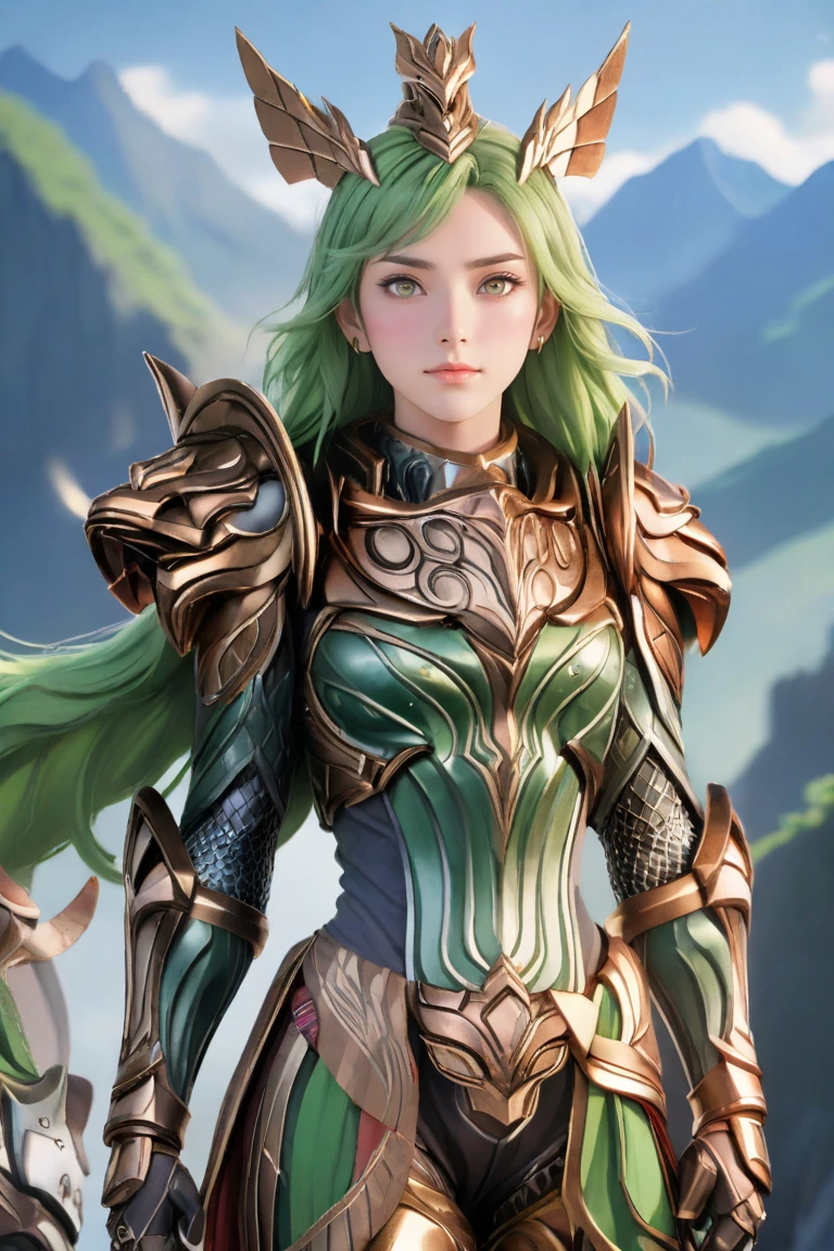 anime artwork hxarmour,1 woman,(light green armour:1.1),mountain,<lora:HXarmour_004XL:0.9>, . anime style, key visual, vibrant, studio anime, highly detailed