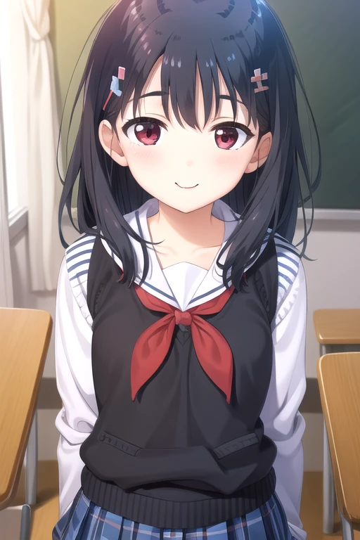 ((masterpiece)),(best quality),official art,extremely detailed CG,unity 8k wallpaper,ultra detailed,beautiful detailed eyes,extremely detailed face,classroom,1girl,solo,upper body,(portrait:1.5),looking at viewer,facing viewer,(petite:1.2),smile,Onami Akane,long hair,black hair,hair ornament,red eyes,sweater vest,serafuku,white shirt,long sleeve shirt,red neckerchief,small breasts,blue skirt,pleated skirt,plaid skirt,black pantyhose,loafers,<lora:Onami Akane(oazgs)>,