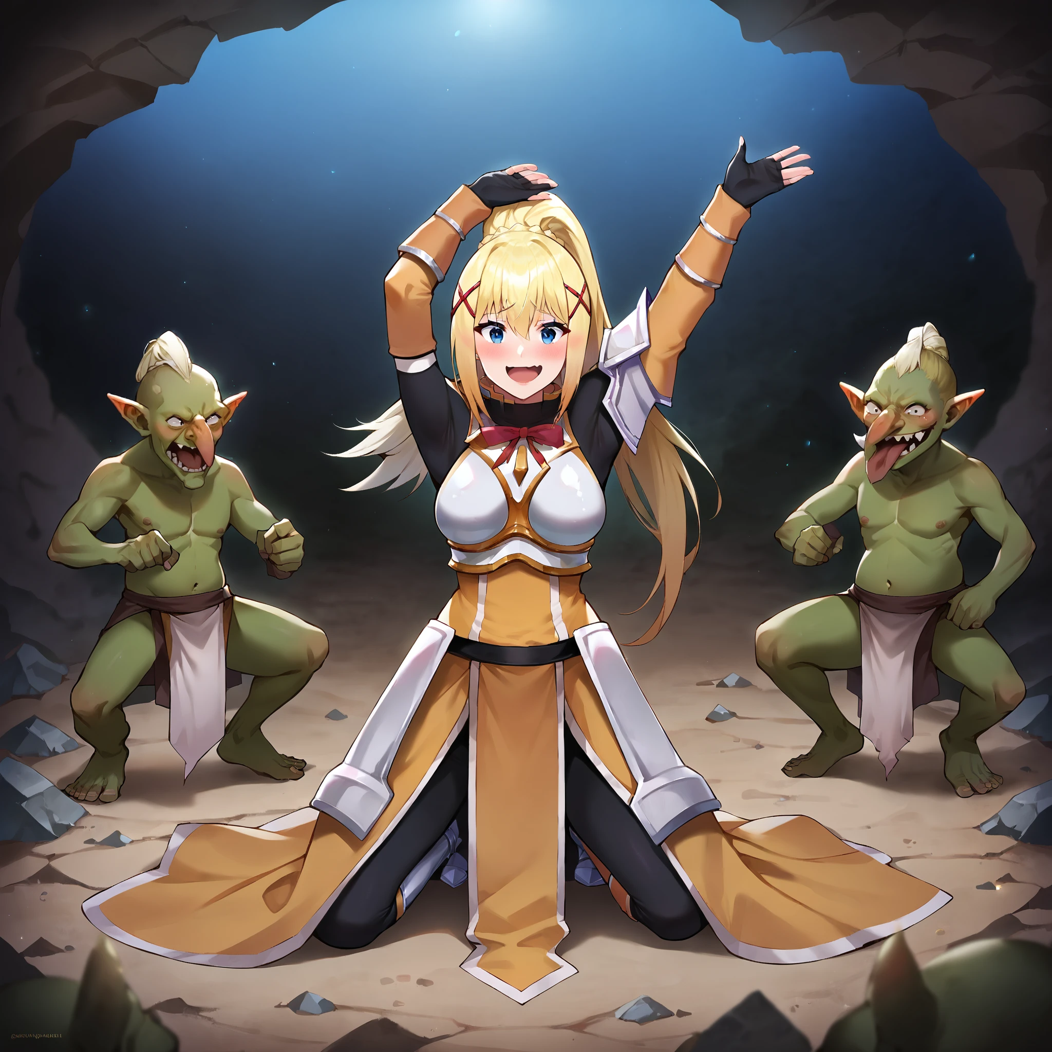 goblin wearing loincloth, loincloth, leather armor , darkness \(konosuba\), darkness attacked by goblins, 1girl, full body, detailed, realistic, on knees, cave, blushing, arms raised, yellow hair, happy, white armor , source_anime, <lora:Anime Cold Night Style SDXL_LoRA_Pony Diffusion V6 XL:0.8> dark theme, low light, <lora:Darkness-000004:.9>,
