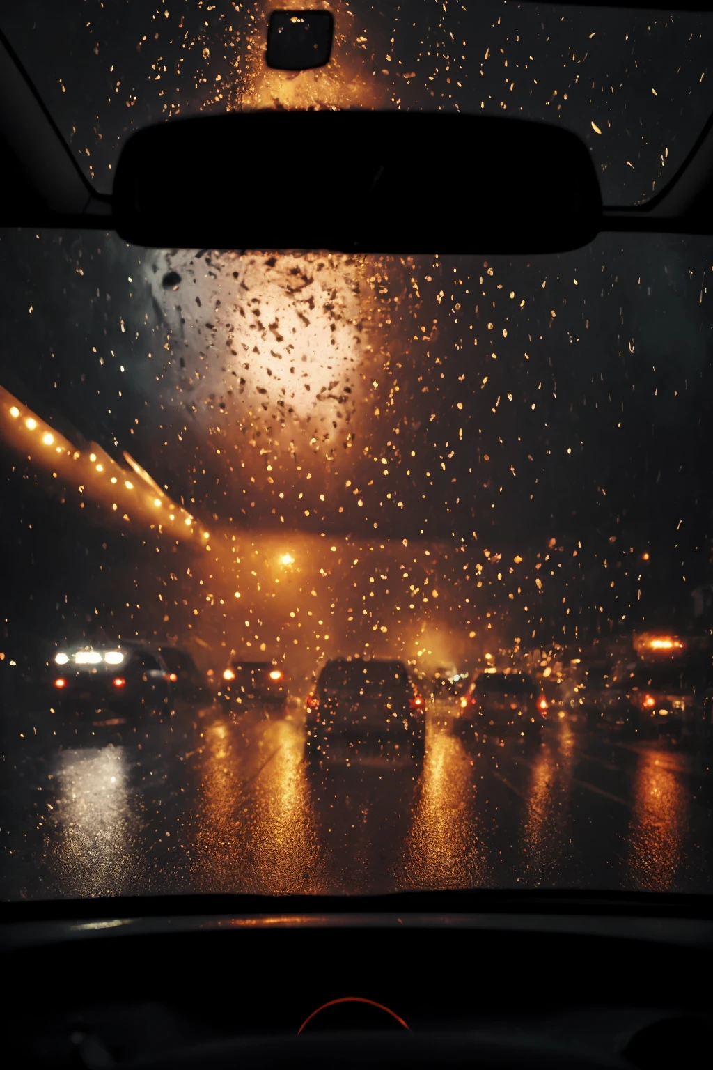<lora:t1hal:1> car driver view of road with traffic in the style of t1hal