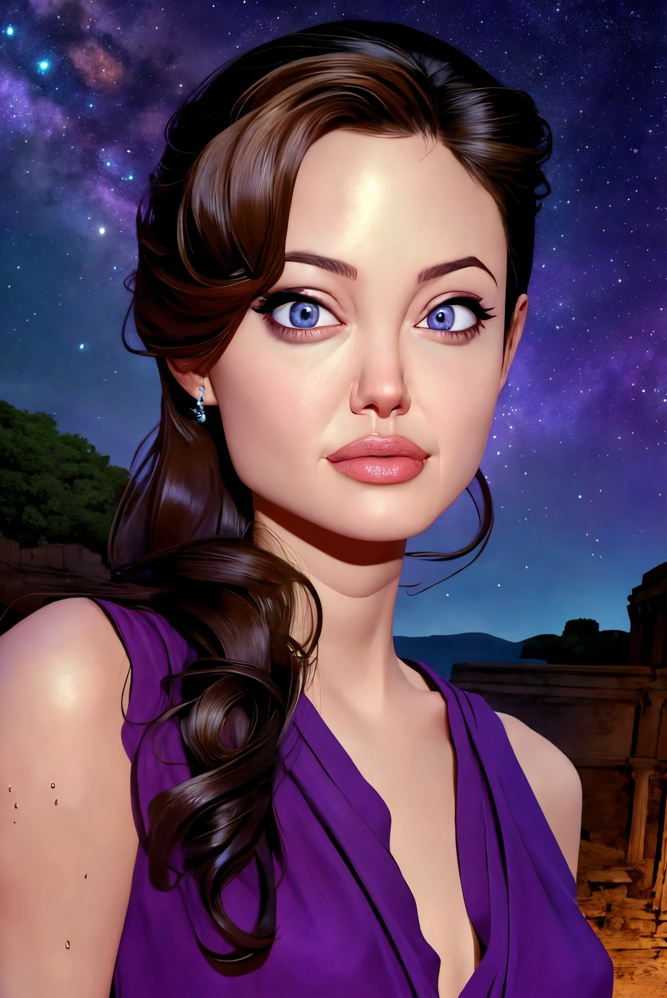 Angelina Jolie closeup, , cute, closeup, upper body,
,,
astonishing,
Purple shirt,
highres, detailed, well dressed,
Ancient ruins under starry sky at the background, best quality, masterpiece,
<lora:Angelina:0.65>