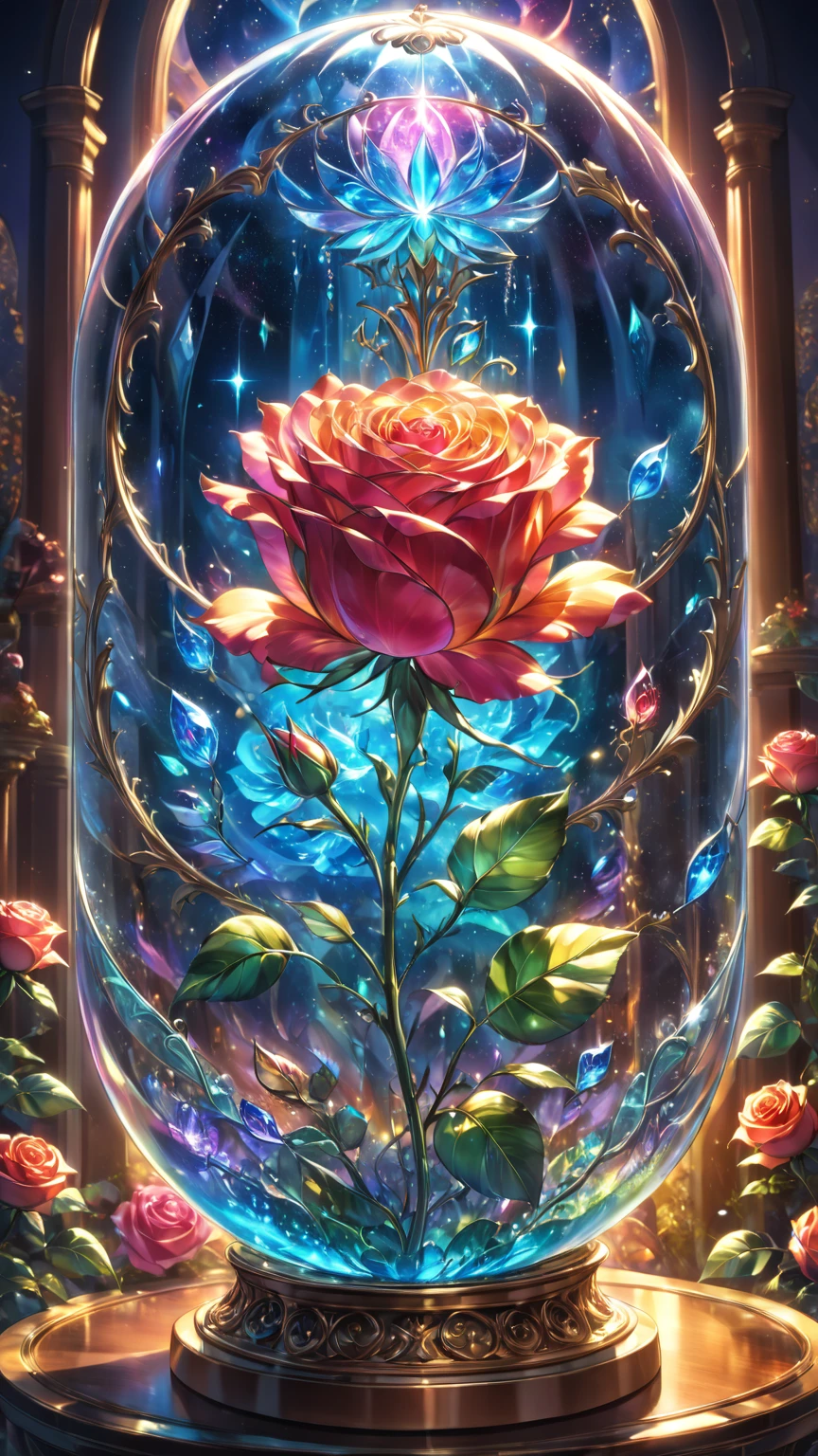 anime artwork letitflrsh, masterpiece, best quality, close up macro photo, sparkling magical fantasy glass dome tall rose, centered, symmetrical, very detailed, amazing quality, intricate, cinematic light, highly detail, beautiful, surreal, dramatic, fantasy nebulae colors, <lora:- SDXL - letitflrsh_let_it_flourish_V1.0:0.7> . anime style, key visual, vibrant, studio anime, highly detailed