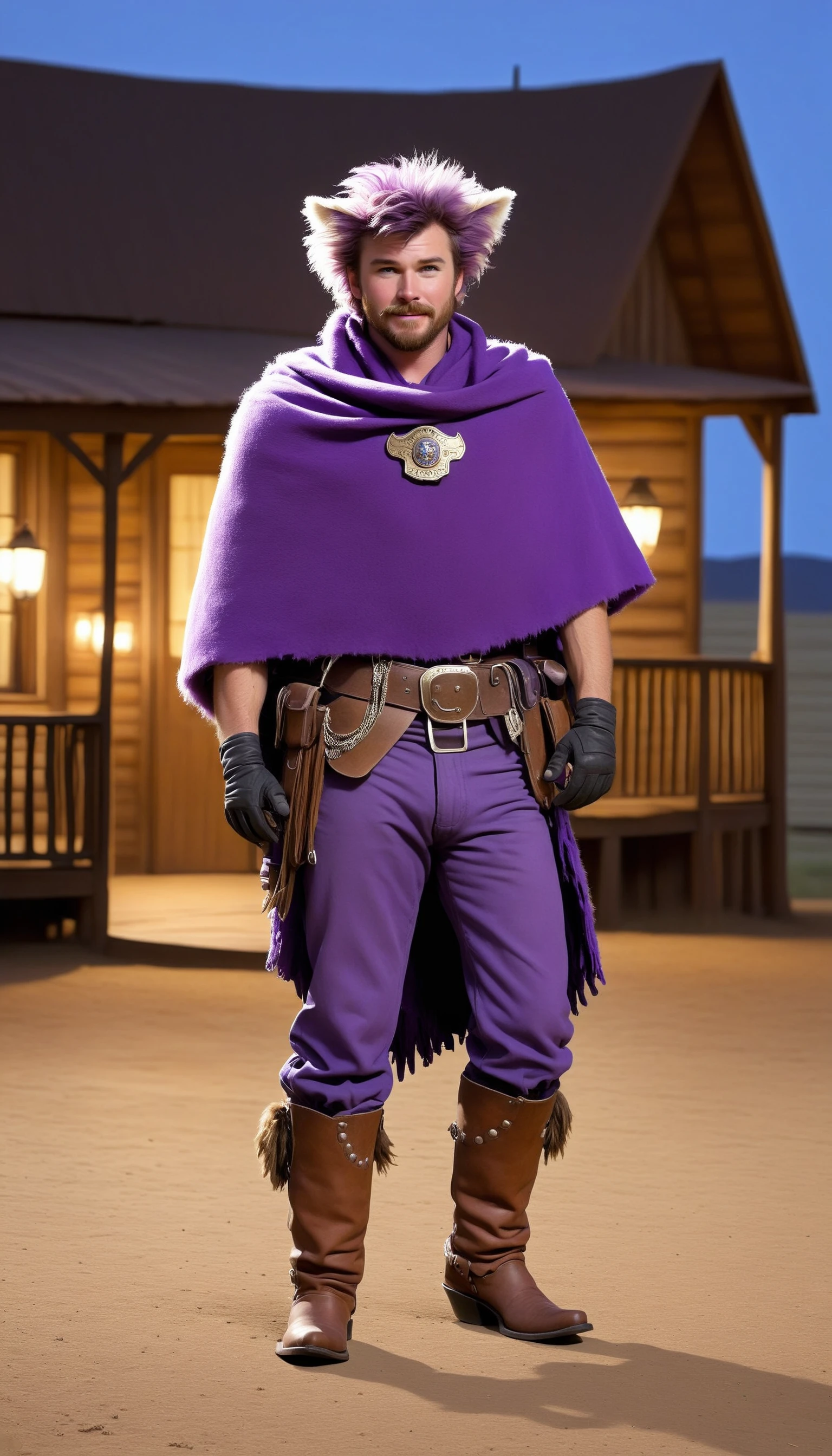 <lora:FluffyStyleXL:1.3> FluffyStyle Purple looking down, focus on character, solo, (full body:0.6), detailed face, (civil war unionist theme:1.1), cowboy, bandana, holster, poncho, sheriff badge, dynamic pose, grinning, 18th century wild west, american frontier, wild west era ranch with porch in background, nighttime, epic atmosphere, arid,, fluffy