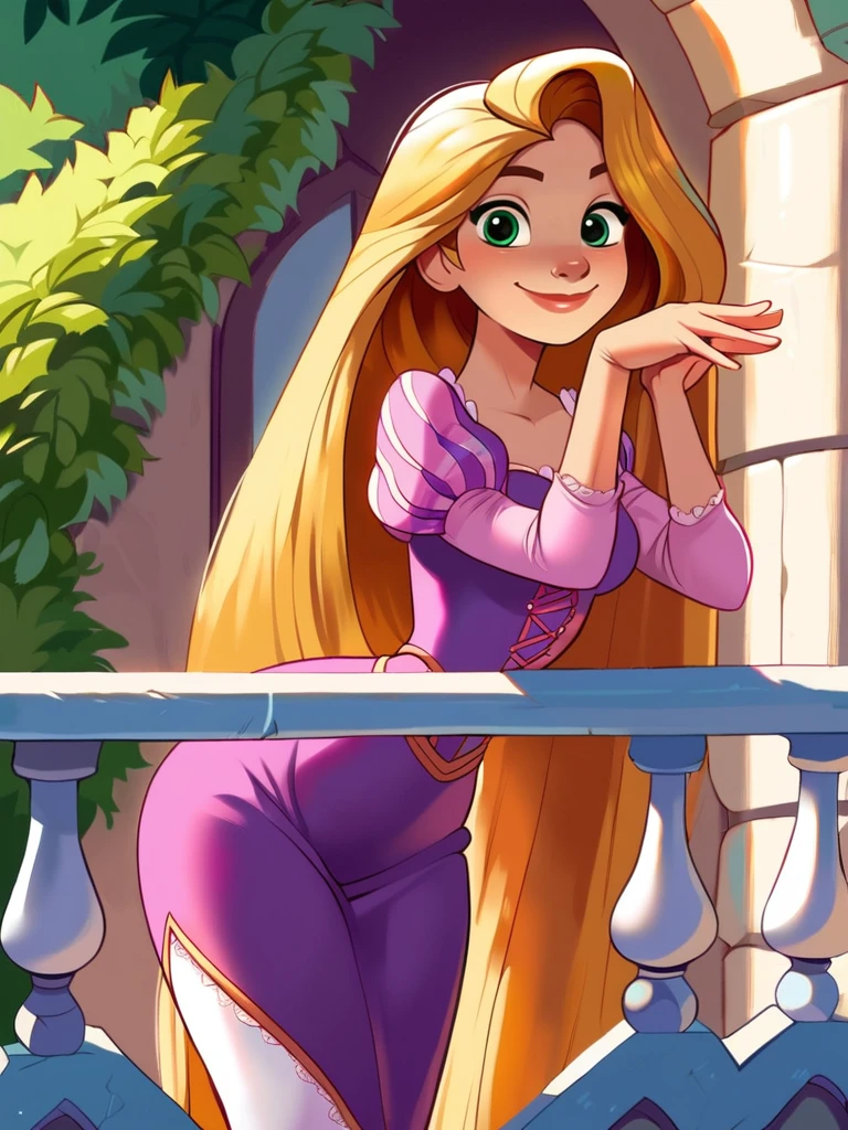 score_9, score_8_up, score_7_up, source_anime, RapunzelWaifu in a balcony in the top of a tower, leaning forward, cute pose, medium breasts, narrow waist, wide hips, thick thighs, smile, blue eyes, purple dress, puffy sleeves, very long hair, blonde, green eyes, anime style, looking at viewer, cute, detailed landscape, cowboy shot, cartoon, 4k, masterpiece,
<lora:RapunzelPonyXL_character:0.7> <lora:AfrobullPDXLresize:0.6>