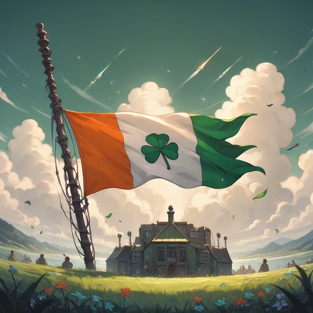 score_9, score_8_up, score_7_up, score_6_up, flag of Irland in Ghibli style, Saint Patrick's Day attire, radiating the spirit of celebration, dynamic angles capture her full flag , surrounded by an explosion of vibrant green clovers. The scene is set against a backdrop of lush Irish fields, enhanced with a fractal rainbow. The artwork is cinematic in nature, evoking a sense of wonder and enchantment, rendered in paint, showcasing every meticulous detail in 8K resolution for the highest quality visual experience <lora:Flag%20of%20Irland%20in%20Ghibli%20style:1> <lora:Smooth Anime Style LoRA XL:1>