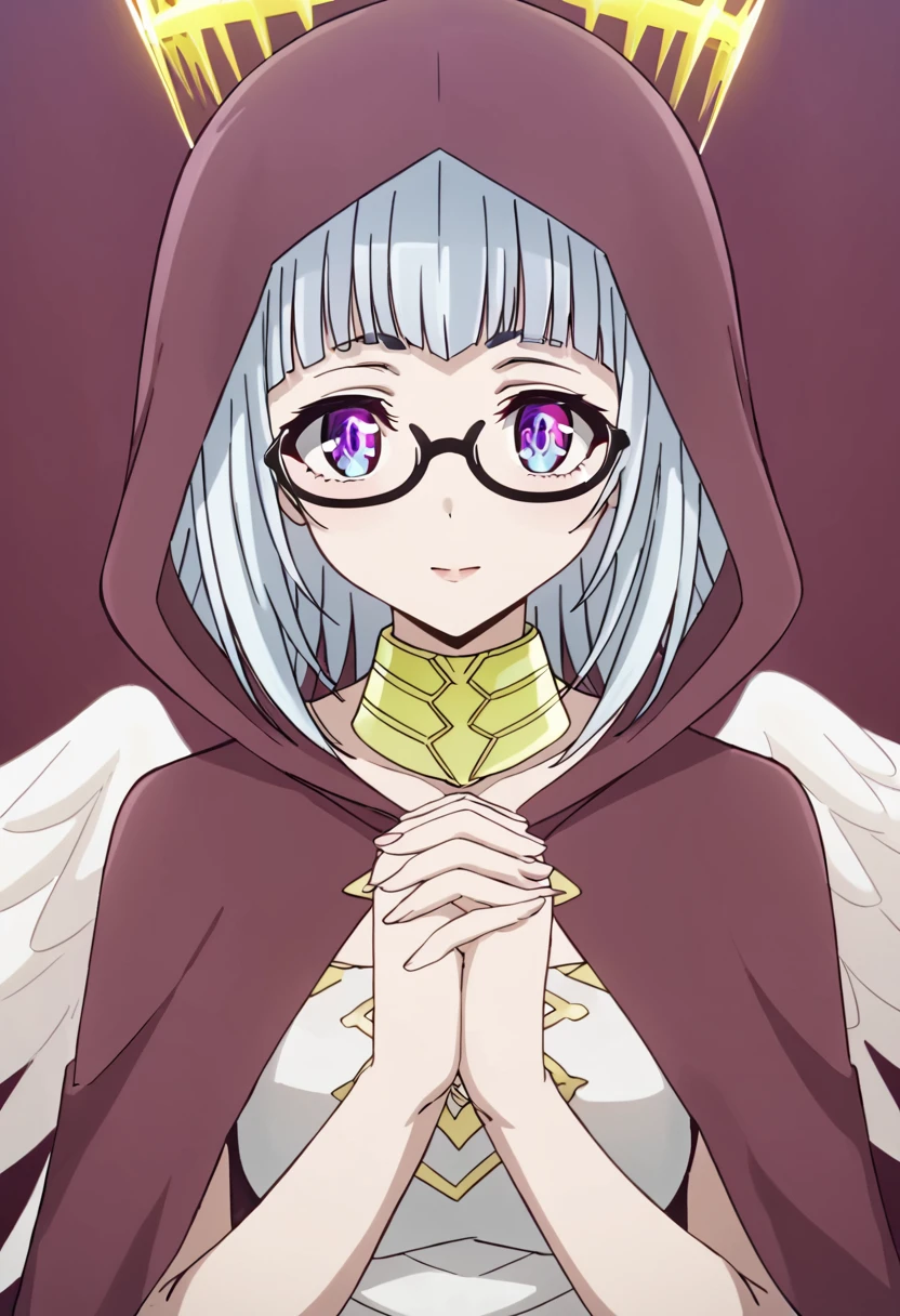 <lora:ultimatia:1> ultimatia, 1girl, eye focus, glasses, hood, own hands together, purple eyes, solo, ultimatia, wings