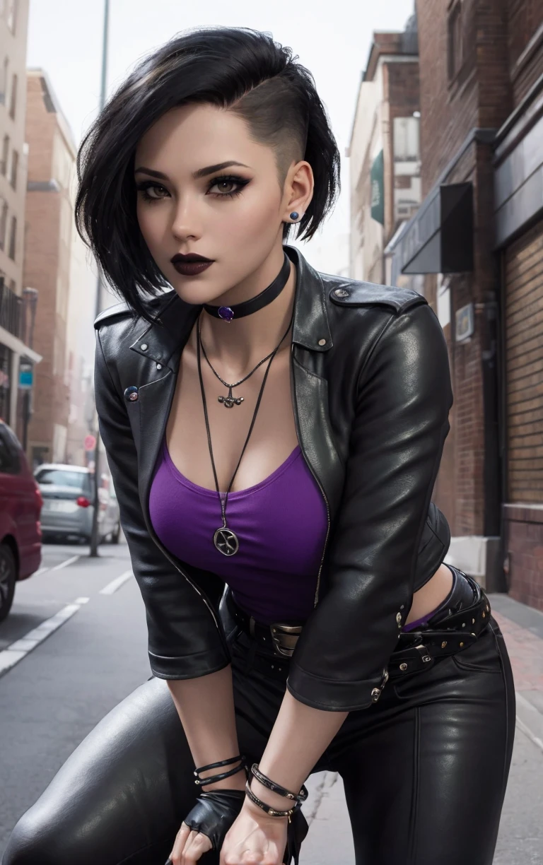 GAME_NicoMinoru_ownwaifu,
1girl, very short hair,  makeup, nose, medium breasts, brown eyes, black lips, lipstick, black hair, breasts, choker, asymmetrical hair, nose piercing, ear piercing, black nails, black choker, lip piercing, eyeshadow, mascara, mohawk, pendant,
jacket, jewelry, leather jacket, black jacket, bracelet, earrings, necklace, piercing, undercut, pants, black pants, open jacket, eyebrow piercing, gloves, belt, black gloves, fingerless gloves,  bangle, purple shirt, leather pants, open clothes, single glove,
<lora:GAME_NicoMinoru_ownwaifu:0.65> 
((masterpiece)),((best quality)),(highres, absurdres), original, official_art, looking at viewer, solo, focused, outdoors, day, cowboy shot,