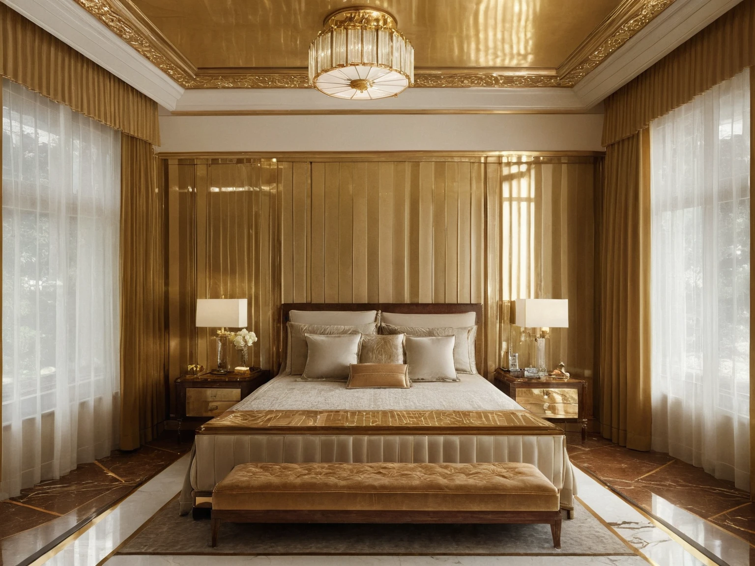 <lora:JJsArtDeco_XL:1>, ((best quality)),((masterpiece)),((realistic)), (((Art Deco))) , no humans, floor, window, curtains,indoor, photorealistic, ceiling light, gold ,reflection,