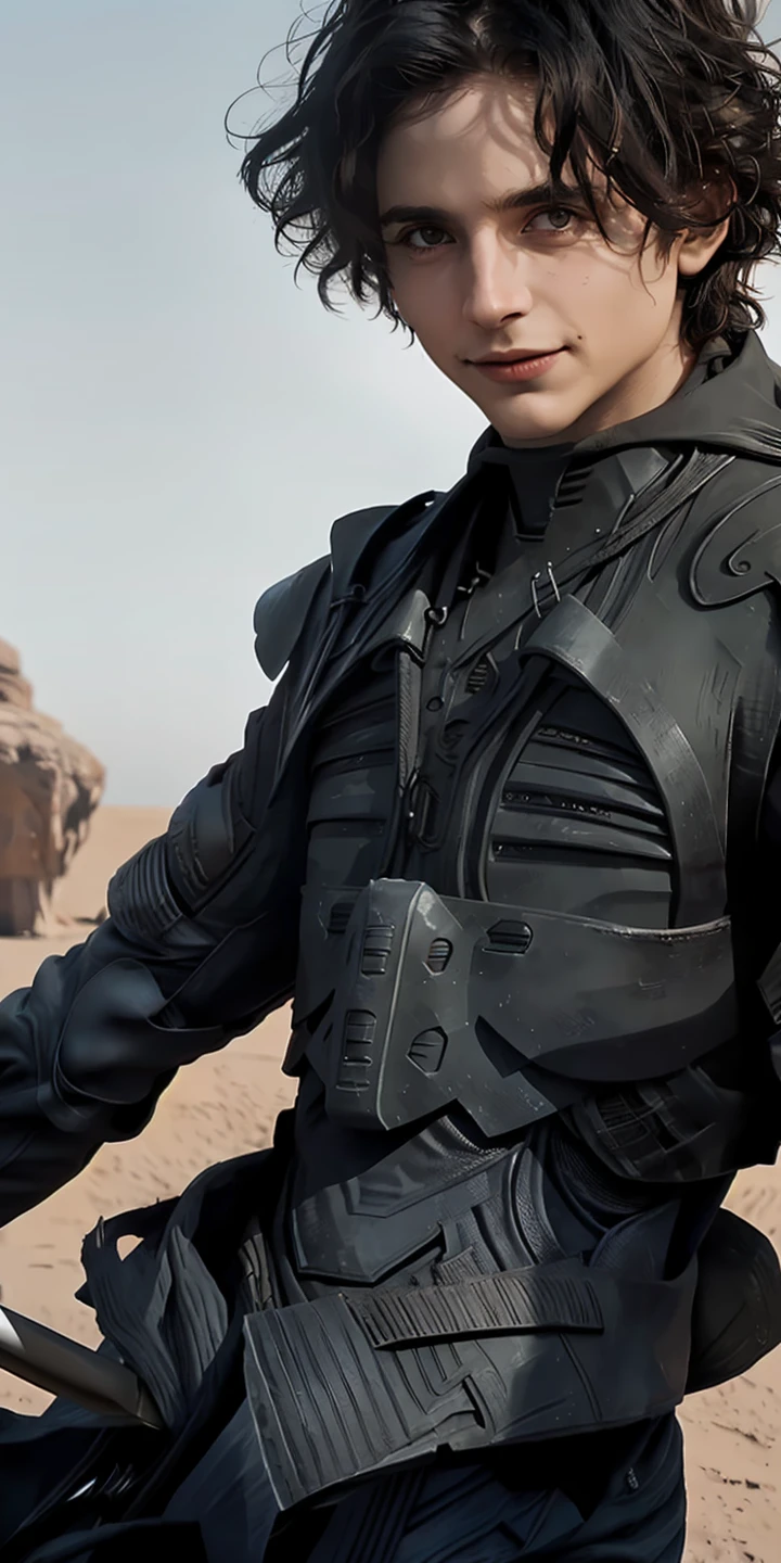 (((masterpiece))),(((best quality))),((ultra-detailed)),(((lots of details))),(beautiful detailed girl),((Epic Light and Shadow)),cinematic angle,oil painting,(illustration),(detailed light),((an extremely delicate and beautiful)),
fantasyArt,DigitalArt,
Paul Atreides,Dune,solo,1boy,male focus,black hair,knife,holding,weapon,holding knife,gloves,looking at viewer,short hair,armor,holding weapon,smile,animification,blurry background,
Dune,Dune movie,Paul Etrudy,big scene,desert,Panorama,
<lora:Paul Atreides:0.7>,(dynamic angle:1.5),