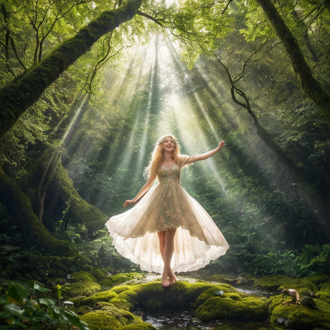 In a serene forest clearing, bathed in the soft glow of a mystical spring, a whimsical scene unfolds. A carefree young girl with cascading golden locks, adorned in an ethereal gown adorned with floral patterns, dances with mischievous fairies. The fairies, resplendent with radiant wings and shimmering auras, surround her, creating an enchanting spectacle. The girl's laughter harmonizes with the gentle rustle of leaves as her eyes sparkle with pure delight. The forest backdrop is alive with ancient, towering trees, their branches forming a natural canopy. Shafts of sunlight filter through, casting a warm glow on moss-covered rocks and vibrant flora. The air is filled with the fragrance of blooming flowers and the soft hum of the spring. BREAK 1girl, blonde hair, floral gown, fairy, magical spring, enchanted forest, dancing, joyous, radiant wings, shimmering, ancient trees, sunlight, moss-covered rocks, vibrant flora, mystical atmosphere, laughter, whimsical, best quality, masterpiece