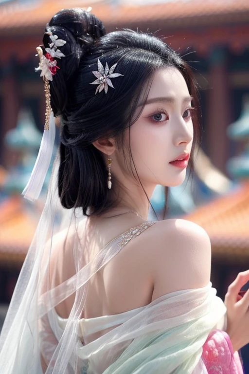 1girl,realistic,upper_body,masterpiece, best quality, ,black_eyes,black hair, solo,detailed face,looking_at_viewer, (hair bun),<lora:LinYueQingV4:0.9>,hanfu,chinese clothes,hair ornament, <lora:more_details:0.6>,(bare shoulders),