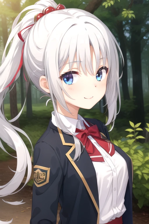 ((masterpiece)),(best quality),official art,extremely detailed CG,unity 8k wallpaper,ultra detailed,beautiful detailed eyes,extremely detailed face,forest,nature,1girl,solo,upper body,(portrait:1.5),looking at viewer,facing viewer,smile,wind,(petite:1.2),Tomotake Yoshino,long hair,white hair,high ponytail,hair intakes,hair ornament,parted bangs,blue eyes,blue jacket,open jacket,red bowtie,white shirt,long sleeves,large breasts,button,blue skirt,frilled skirt,black pantyhose,loafers,<lora:Tomotake Yoshino(sb):0.8>,