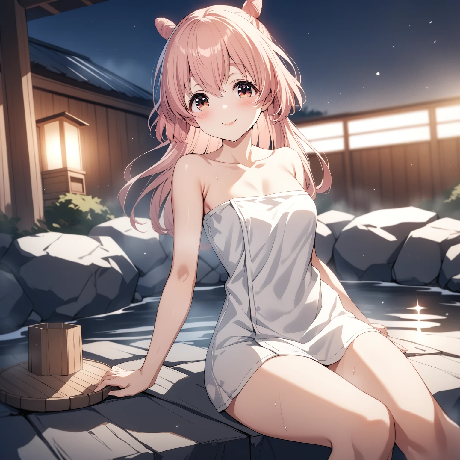 (masterpiece, best quality), 1 girl, hot spring, towel, sakura, onsen, blush, pink hair, horns, solo, off shoulder, wrist scrunchie, perfect anatomy