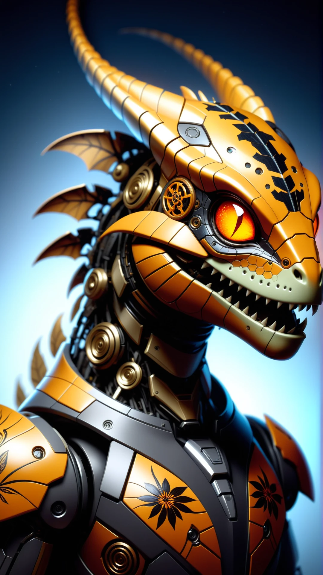 <lora:HalloweenGlowStyleXL:1>HalloweenGlowStyle symmetry!! portrait of a hybrid robot lizard, floral! horizon zero dawn machine, intricate, elegant, highly detailed, ray tracing, digital painting, artstation, concept art, smooth, sharp focus, illustration, art by artgerm and greg rutkowski and alphonse mucha, 8 k, horror \(theme\), dark, atmospheric, night, glow, (Masterpiece:1.3) (best quality:1.2) (high quality:1.1)