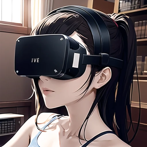 masterpiece, Highest Quality, Highest Resolution, perfect background, perfect perspective, sharp image, perfect details, perfect lighting, perfect shadows, Perfect lighting, Best background, best anime, 1girl, VR headset, head-mounted display,