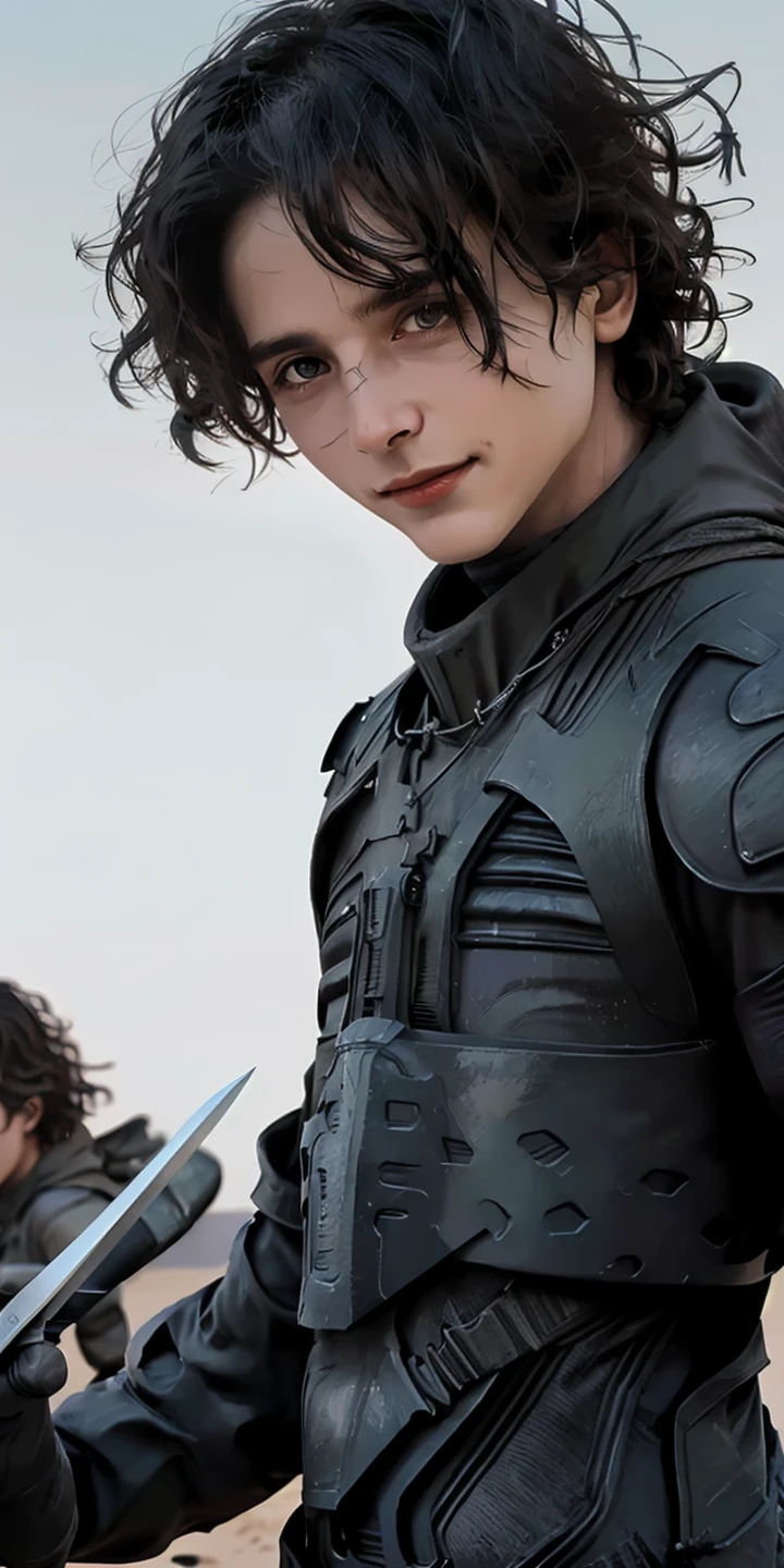 (((masterpiece))),(((best quality))),((ultra-detailed)),(((lots of details))),(beautiful detailed girl),((Epic Light and Shadow)),cinematic angle,oil painting,(illustration),(detailed light),((an extremely delicate and beautiful)),
fantasyArt,DigitalArt,
Paul Atreides,Dune,solo,1boy,male focus,black hair,knife,holding,weapon,holding knife,gloves,looking at viewer,short hair,armor,holding weapon,smile,animification,blurry background,
Dune,Dune movie,Paul Etrudy,big scene,desert,Panorama,
<lora:Paul Atreides:0.7>,(dynamic angle:1.5),