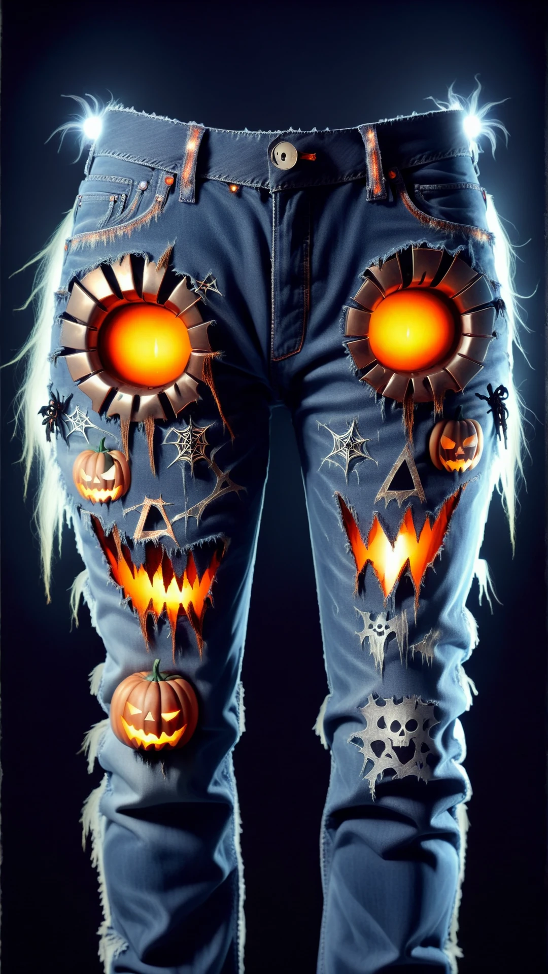 <lora:HalloweenGlowStyleXL:1>HalloweenGlowStyle a pair of old, fraying jeans, horror \(theme\),, (Masterpiece:1.3) (best quality:1.2) (high quality:1.1)