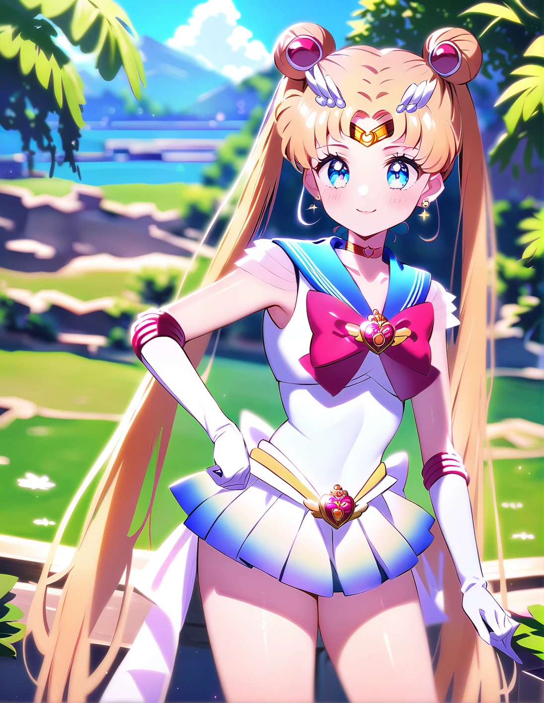 1girl, solo,<lora:sdxl-supersailormoon-kohakuXLDelta_rev1-v1:1>, supersailormoon, double bun, twintails, circlet, earrings, choker, bow, gloves, miniskirt, ,standing ,, smile,kawaii, <lora:ALTXL_001_4:2>, medium quality, (1990s:-1.0),(retro:-1.0),  at an oasis